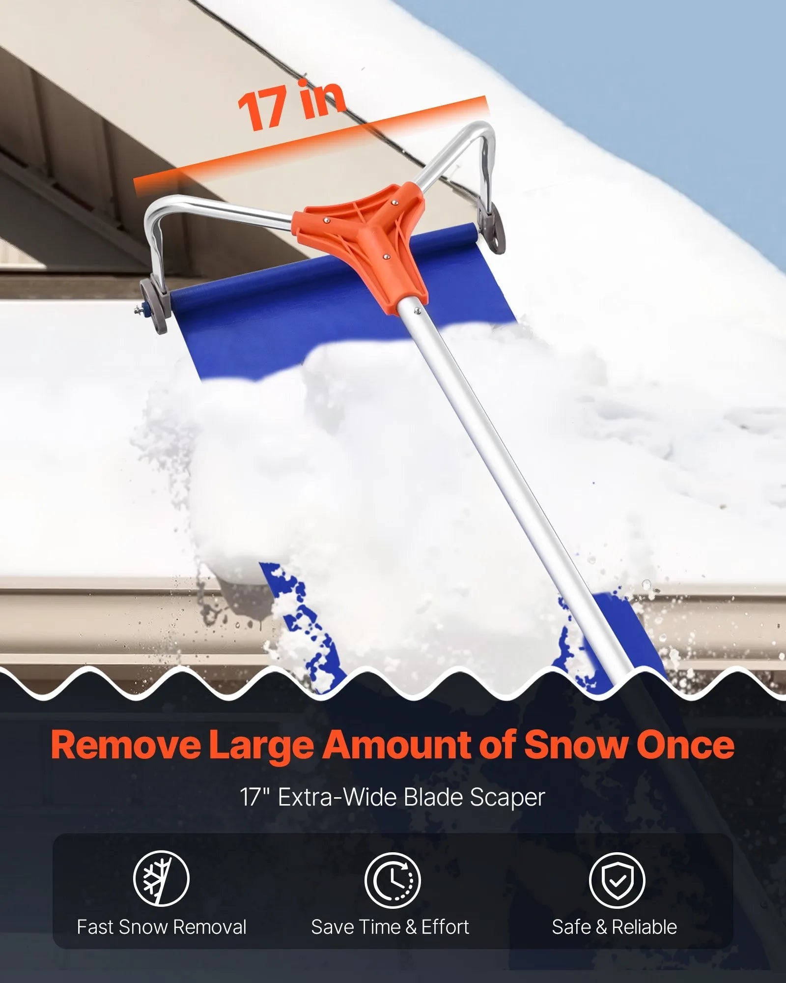 VEVOR Snow Roof Rake, 17 in Aluminum Blade, 4.1-17.2 ft Adjustable Roof Snow Scraper with Wheels & Slide, Lightweight Snows Removal Tool for House Rooftop Leaves Debris Clearing 