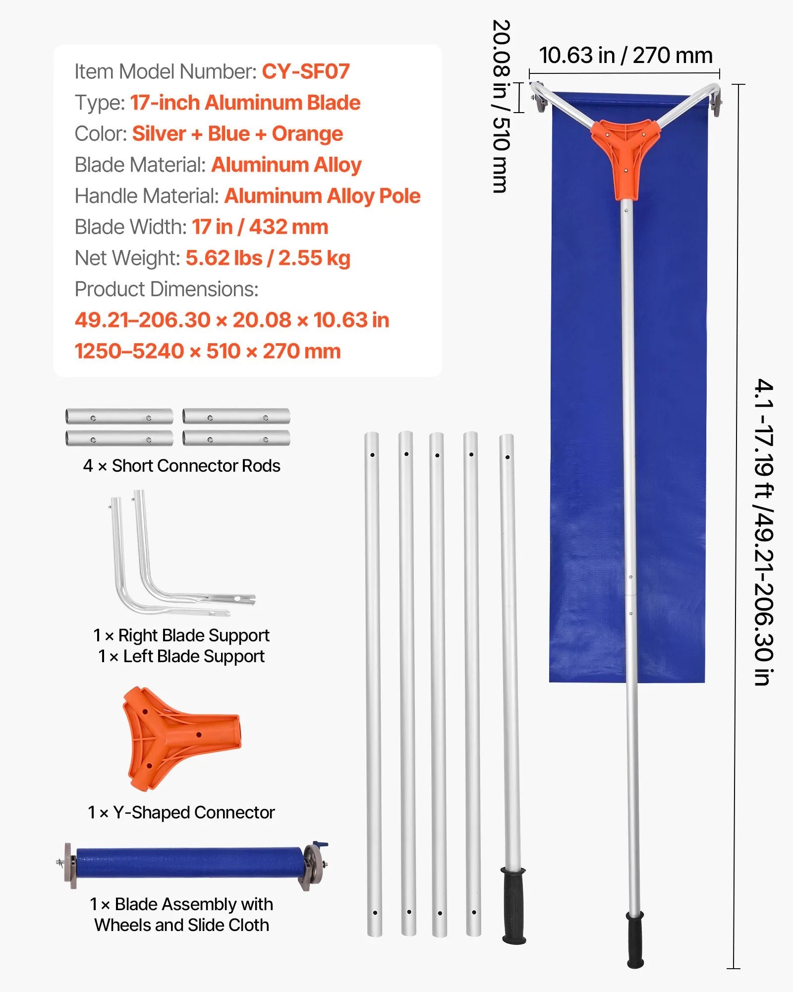 VEVOR Snow Roof Rake, 17 in Aluminum Blade, 4.1-17.2 ft Adjustable Roof Snow Scraper with Wheels & Slide, Lightweight Snows Removal Tool for House Rooftop Leaves Debris Clearing 