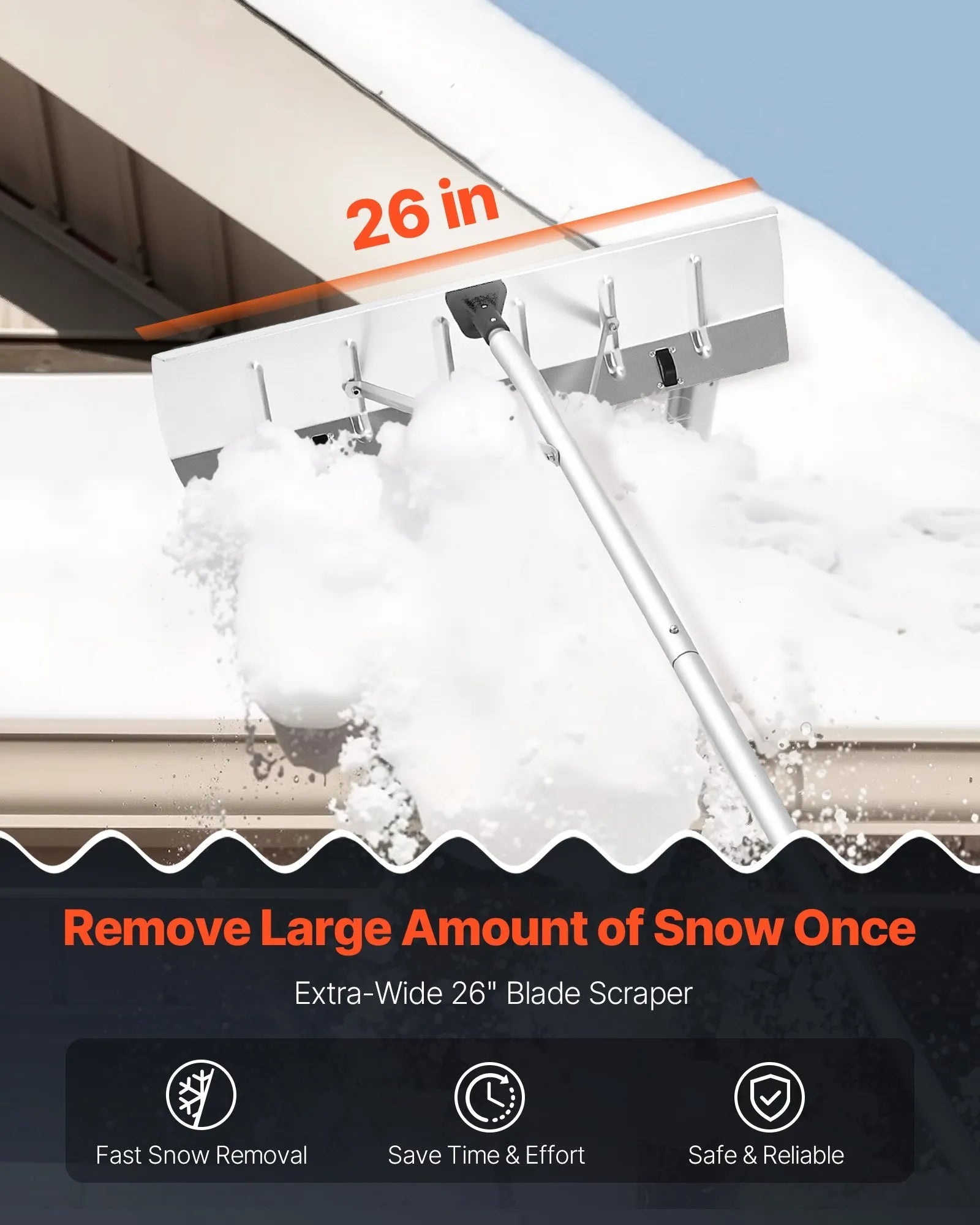 VEVOR Snow Roof Rake, 26 in Aluminum Blade, 7.5-20 ft Adjustable Roof Snow Scraper with Wheels, Anti-Slip Handle Snows Removal Tool, Lightweight House Rooftop Rake for Leaves Debris Removal 