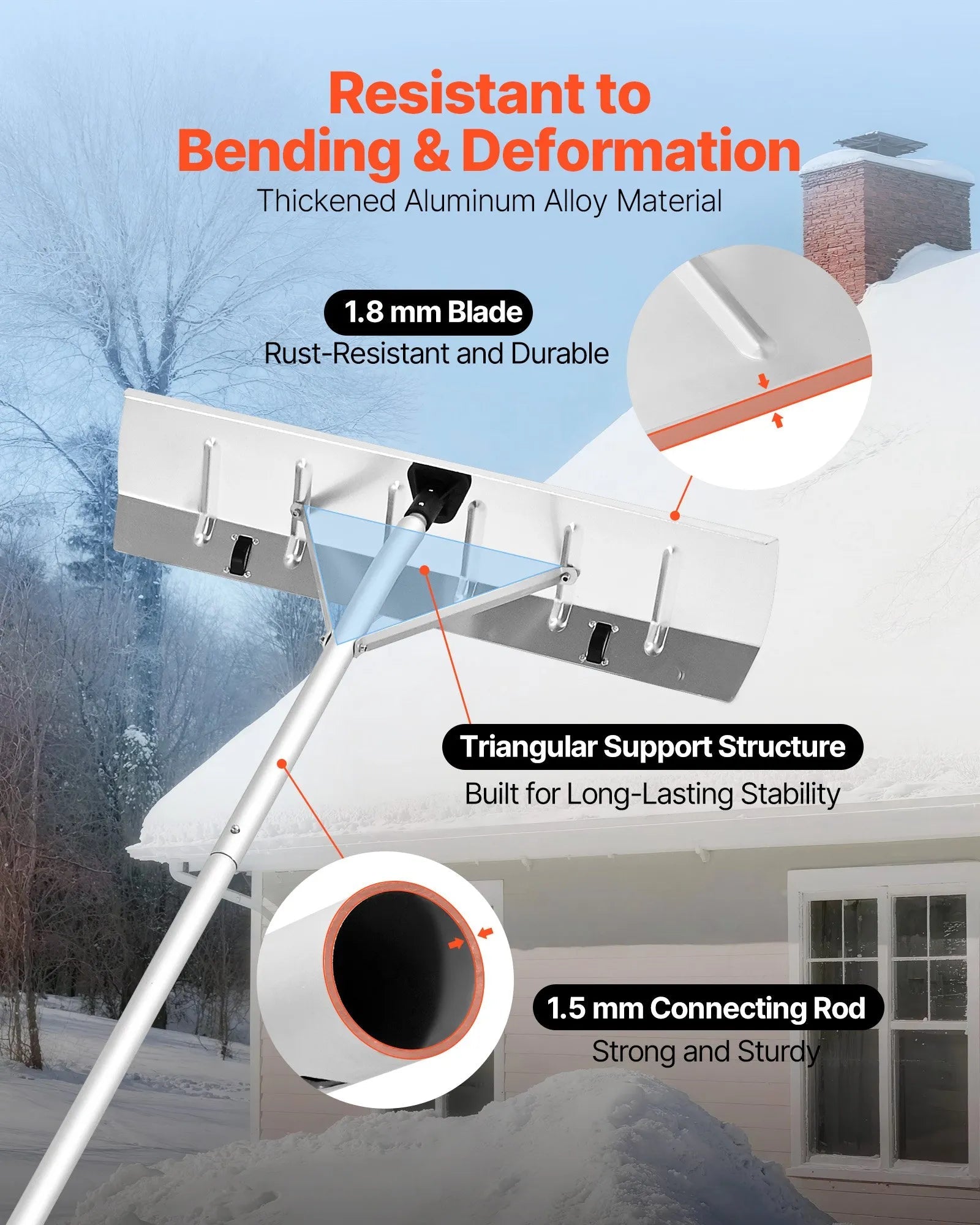 VEVOR Snow Roof Rake, 26 in Aluminum Blade, 7.5-20 ft Adjustable Roof Snow Scraper with Wheels, Anti-Slip Handle Snows Removal Tool, Lightweight House Rooftop Rake for Leaves Debris Removal 