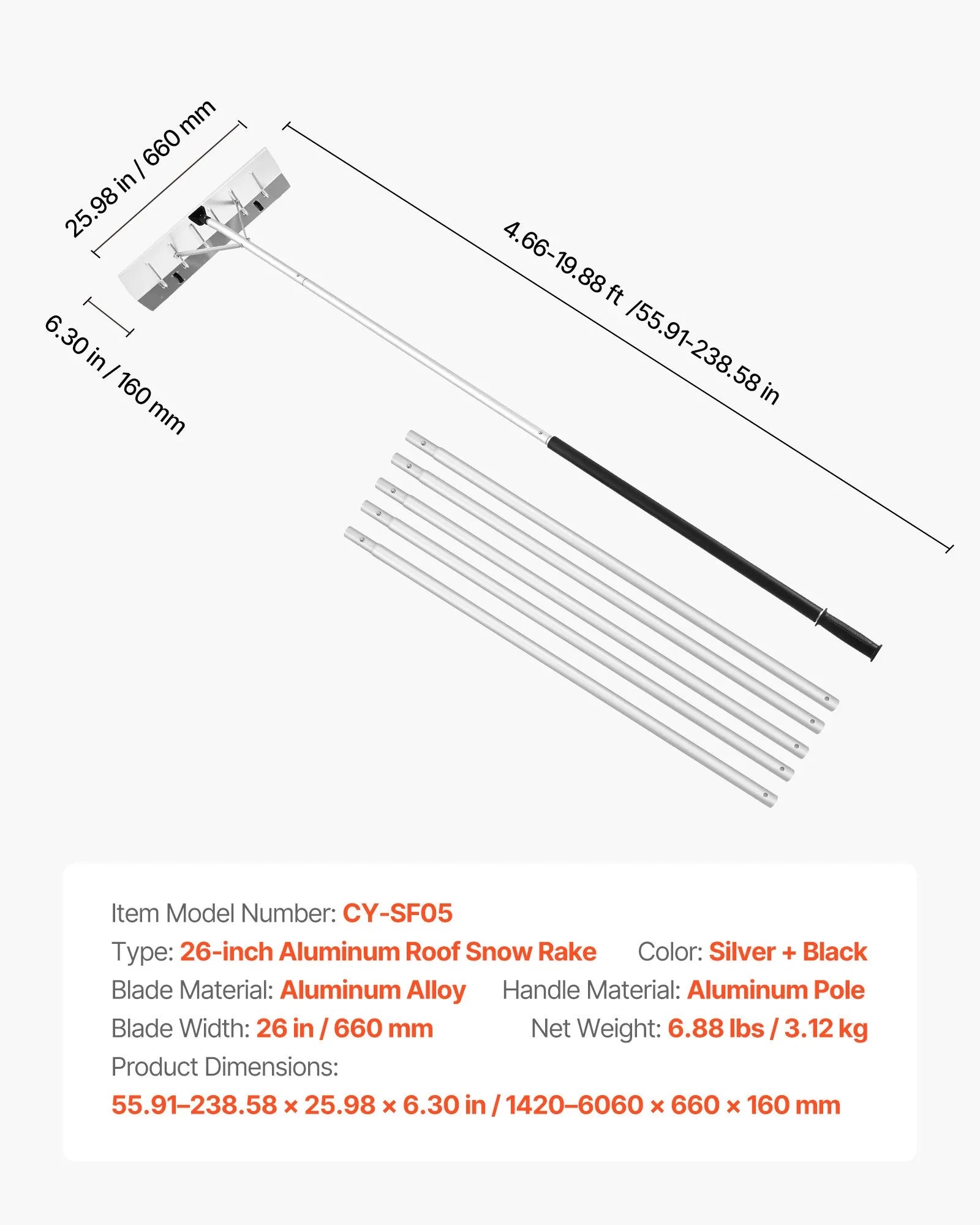 VEVOR Snow Roof Rake, 26 in Aluminum Blade, 7.5-20 ft Adjustable Roof Snow Scraper with Wheels, Anti-Slip Handle Snows Removal Tool, Lightweight House Rooftop Rake for Leaves Debris Removal 
