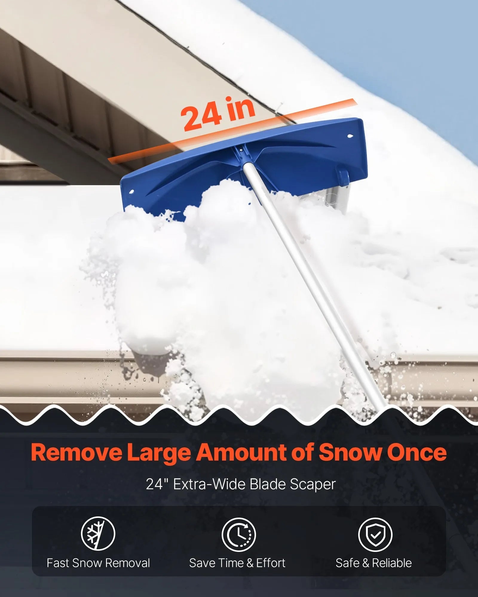 VEVOR Snow Roof Rake, 24 in PP Plastic Blade, 3.8-18.2 ft Adjustable Roof Snow Scraper with Wheels, Anti-Slip Handle Snows Removal Tool, Lightweight House Rooftop Rake for Leaves Debris Removal 