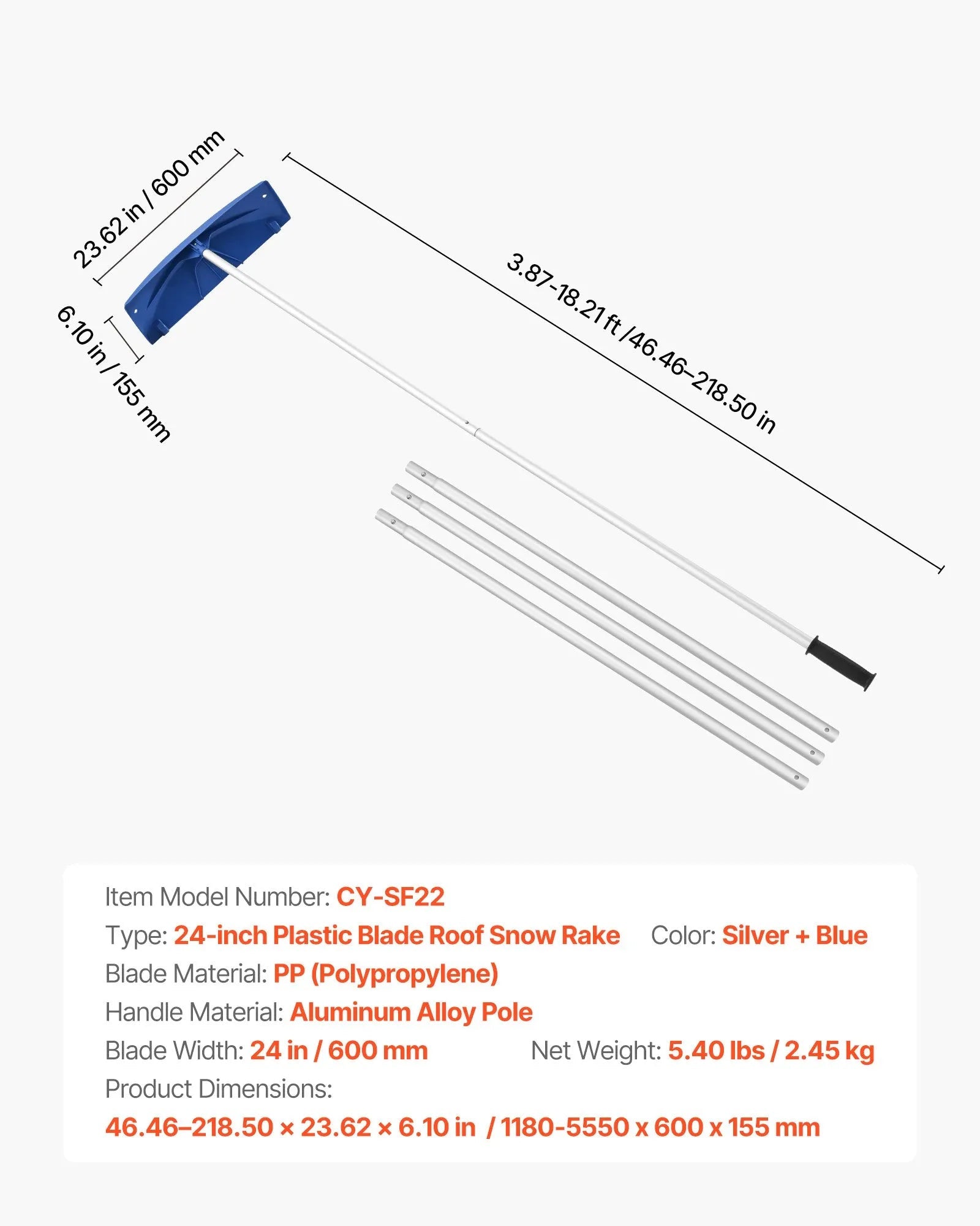 VEVOR Snow Roof Rake, 24 in PP Plastic Blade, 3.8-18.2 ft Adjustable Roof Snow Scraper with Wheels, Anti-Slip Handle Snows Removal Tool, Lightweight House Rooftop Rake for Leaves Debris Removal 