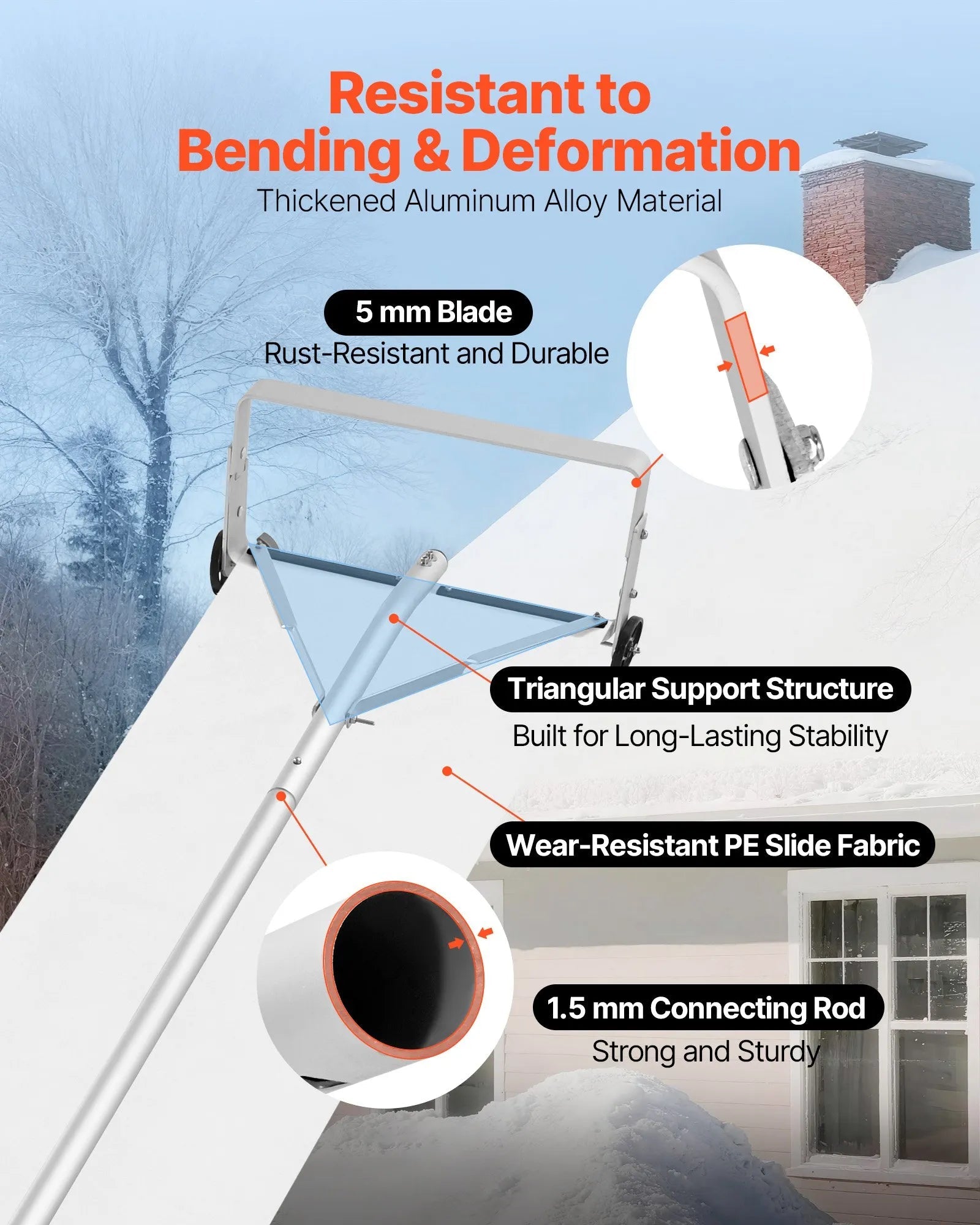 VEVOR Snow Roof Rake, 18.5 in Aluminum Blade, 5.2-30 ft Adjustable Roof Snow Scraper with Wheels & Slide, , Lightweight Snows Removal Tool for House Rooftop Leaves Debris Clearing 