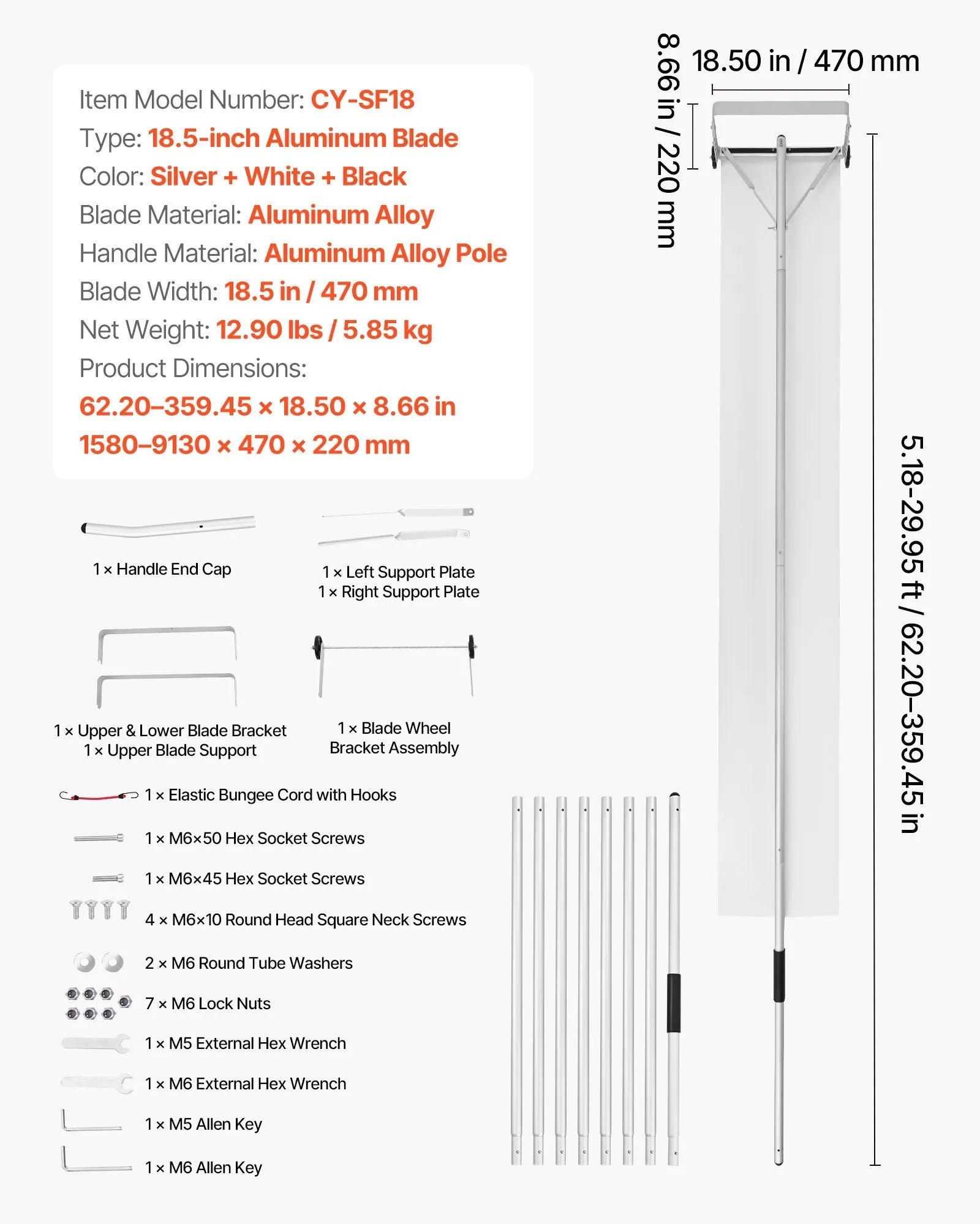VEVOR Snow Roof Rake, 18.5 in Aluminum Blade, 5.2-30 ft Adjustable Roof Snow Scraper with Wheels & Slide, , Lightweight Snows Removal Tool for House Rooftop Leaves Debris Clearing 