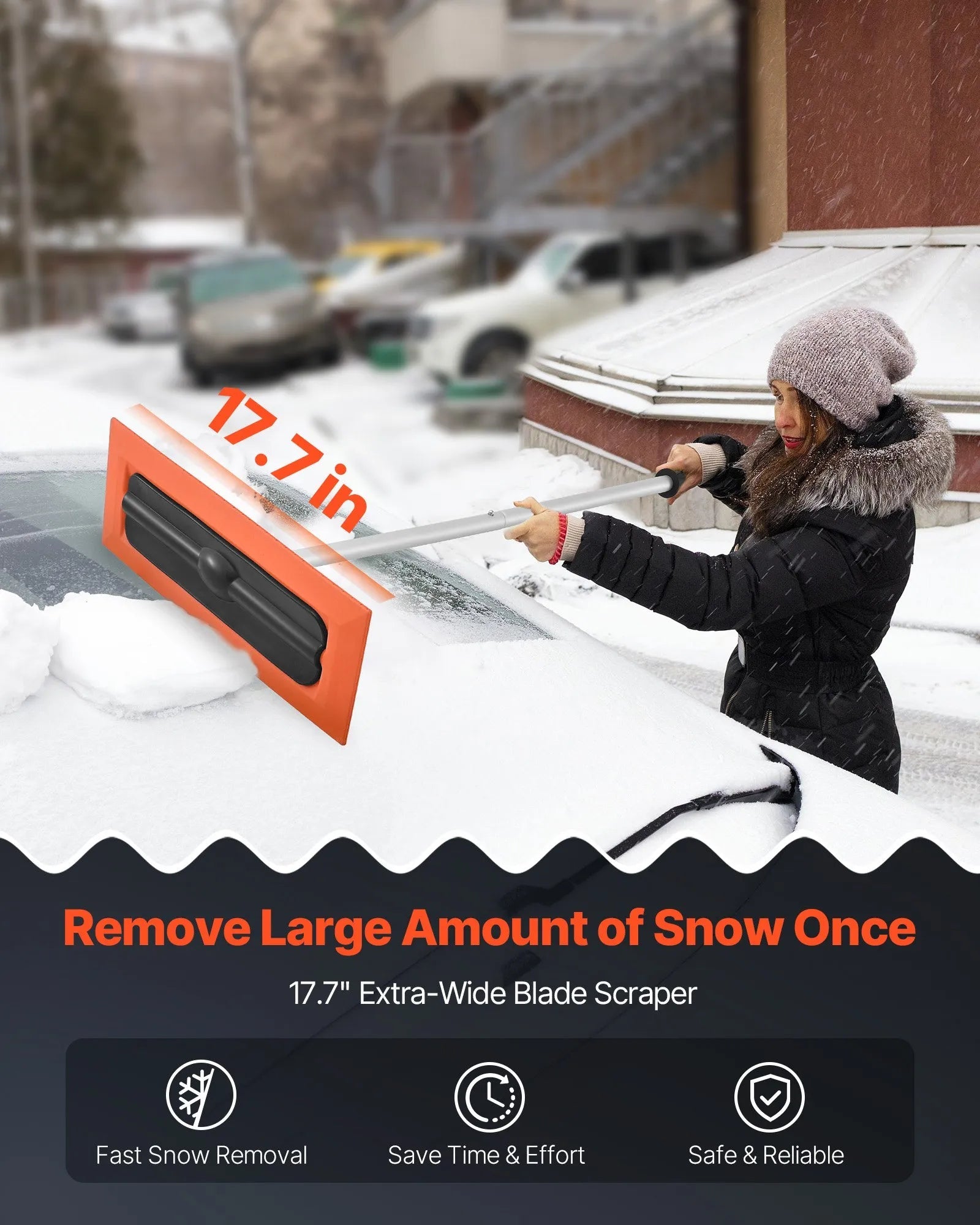 VEVOR Snow Roof Rake, 4ft Long Reach Car Roof Snow Scraper, 17.7 in Foam Blade for No Scratches, Non-Slip Handle, Lightweight Snows Removal Tool for Vehicle Garage Rooftop Leaves Debris Clearing 