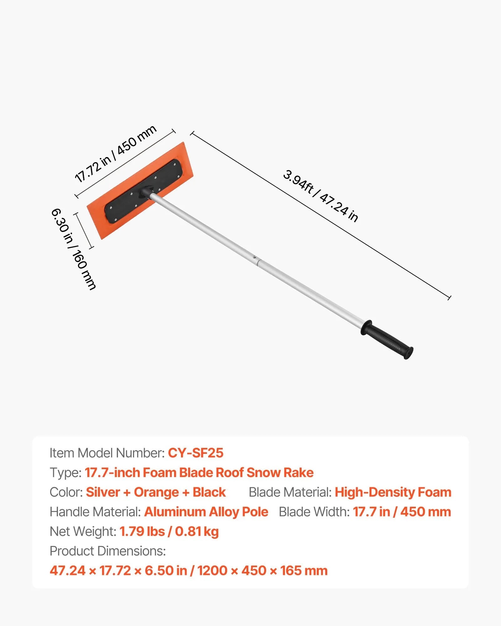 VEVOR Snow Roof Rake, 4ft Long Reach Car Roof Snow Scraper, 17.7 in Foam Blade for No Scratches, Non-Slip Handle, Lightweight Snows Removal Tool for Vehicle Garage Rooftop Leaves Debris Clearing 