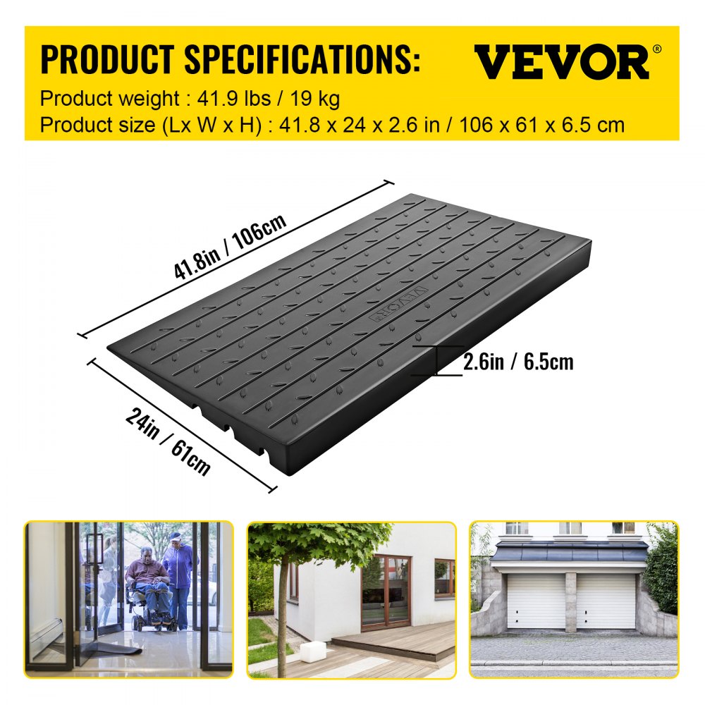 VEVOR Rubber Threshold Ramp, 2.6" Rise Threshold Ramp Doorway, 3 Channels Cord Cover Rubber Solid Threshold Ramp, Rubber Angled Entry Rated 2202 Lbs Load Capacity for Wheelchair and Scooter 