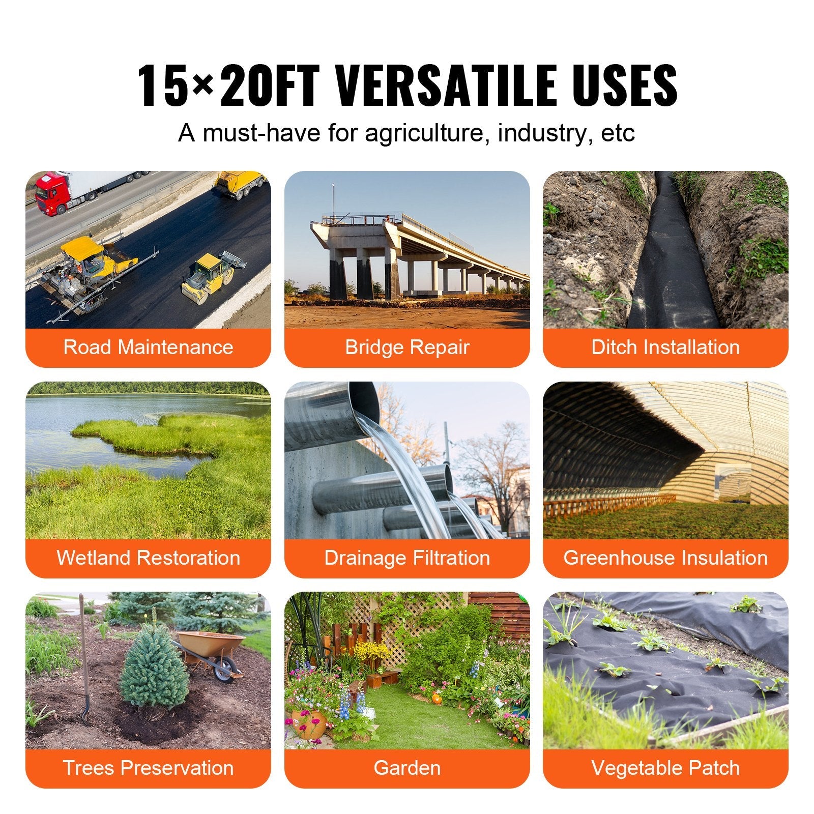 VEVOR Driveway Fabric, 15x20FT Non Woven Geotextile Fabric for Landscaping, Heavy Duty Garden Weed Barrier Fabric, 4OZ Landscape Fabric, French Drains Drainage Fabric, Ground Cover Weed Control Fabric 