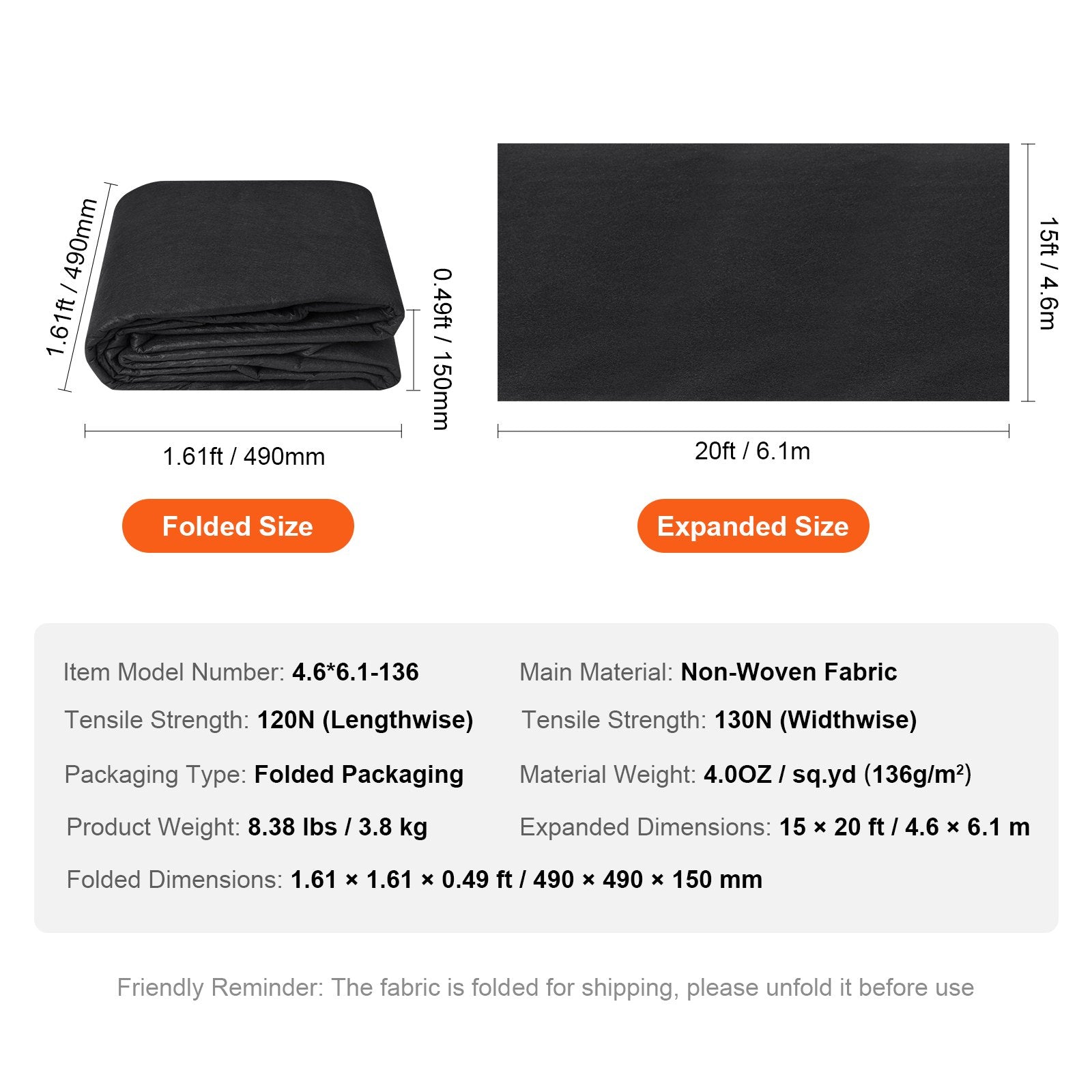 VEVOR Driveway Fabric, 15x20FT Non Woven Geotextile Fabric for Landscaping, Heavy Duty Garden Weed Barrier Fabric, 4OZ Landscape Fabric, French Drains Drainage Fabric, Ground Cover Weed Control Fabric 