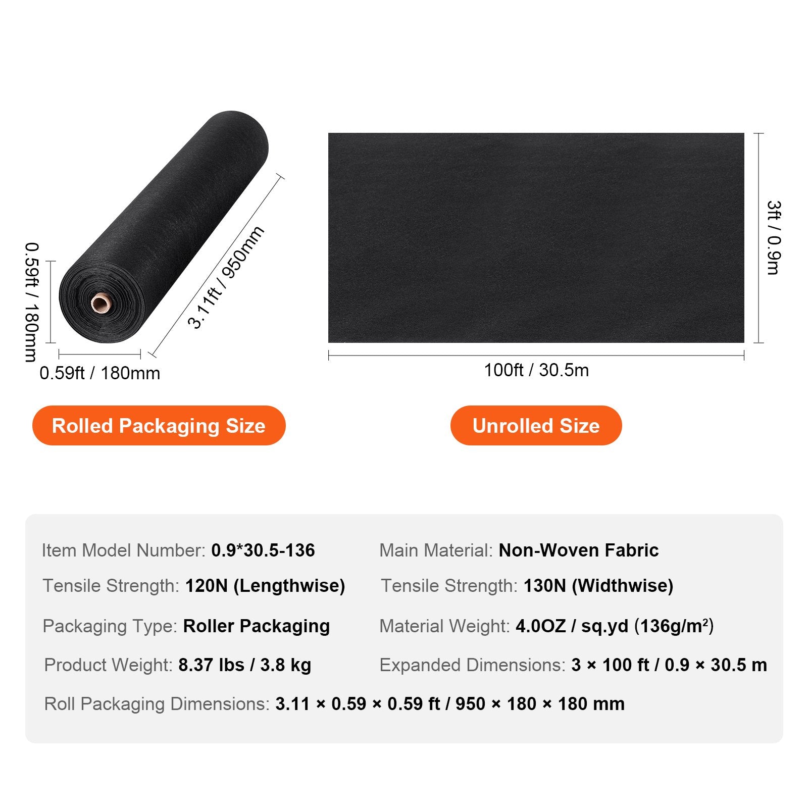 VEVOR Driveway Fabric, 3x100FT Non Woven Geotextile Fabric for Landscaping, Heavy Duty Garden Weed Barrier Fabric, 4OZ Landscape Fabric, French Drains Drainage Fabric, Ground Cover Weed Control Fabric 