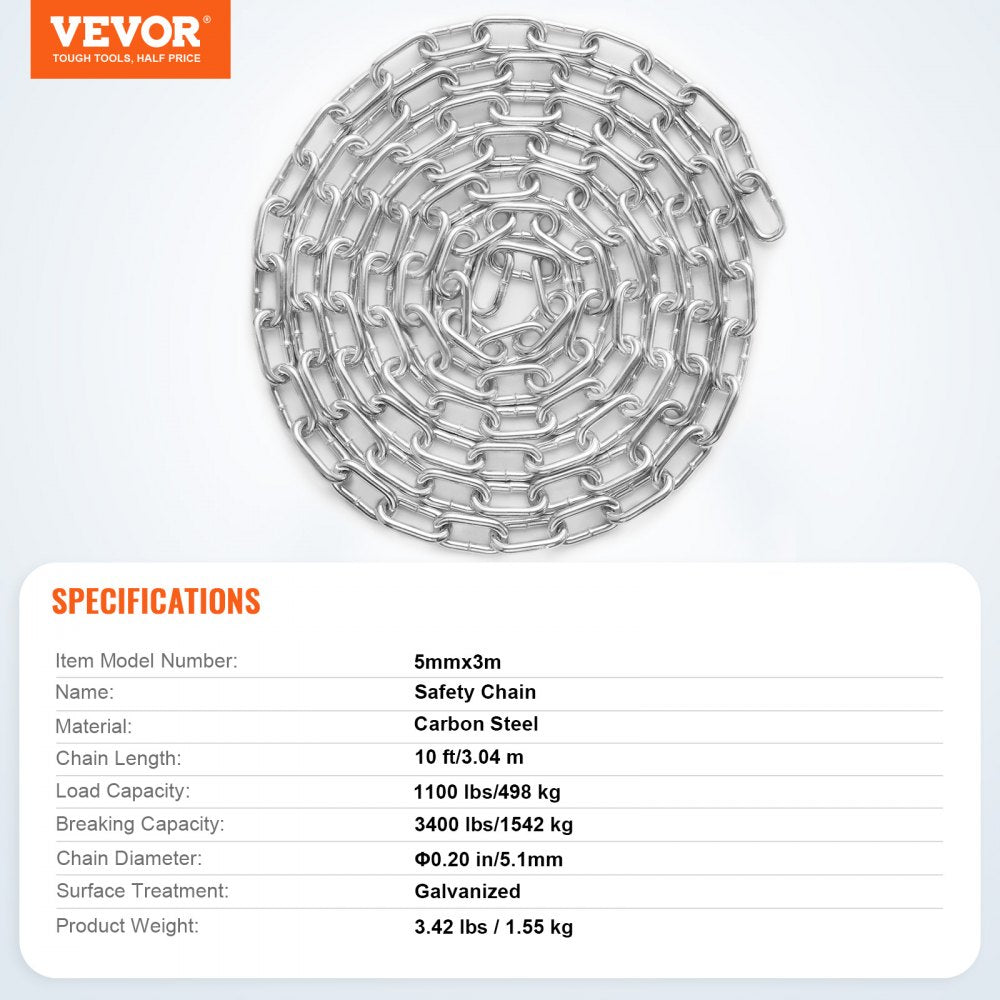 VEVOR Zinc Plated Proof Coil Chain Carbon Steel Chain Sling 3/16" x 10' 1100 lbs 