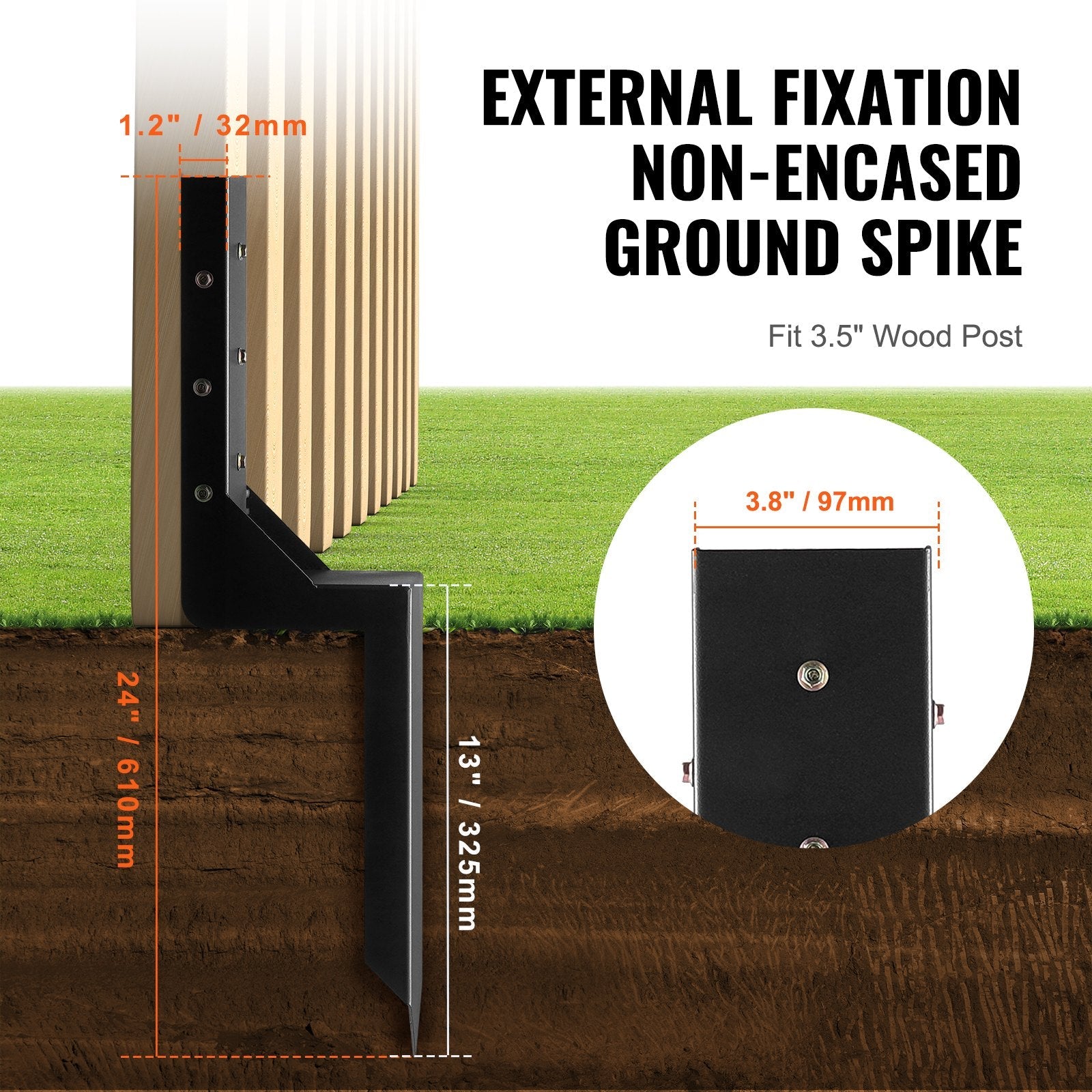 VEVOR Fence Post Anchor Repair Kit, 4 Pack Inner Diameter 3.5 x3.5 Inches Heavy Duty Steel Fence Post Support Stakes, Anchor Ground Spike for Repair Tilted, Broken Wood Fence Post, Enveloping 