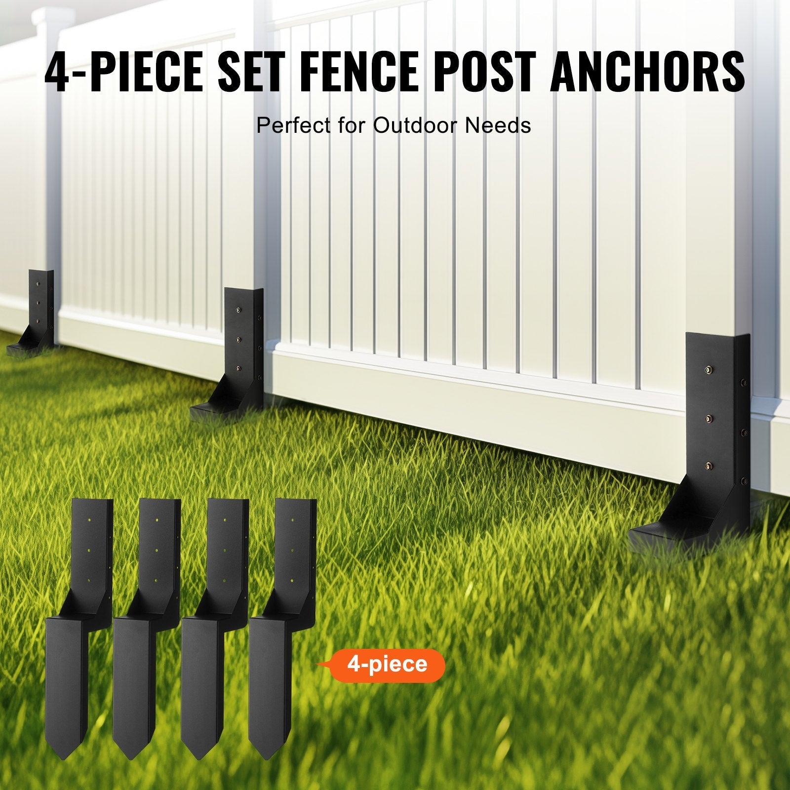 VEVOR Fence Post Anchor Repair Kit, 4 Pack Inner Diameter 3.5 x3.5 Inches Heavy Duty Steel Fence Post Support Stakes, Anchor Ground Spike for Repair Tilted, Broken Wood Fence Post, Enveloping 
