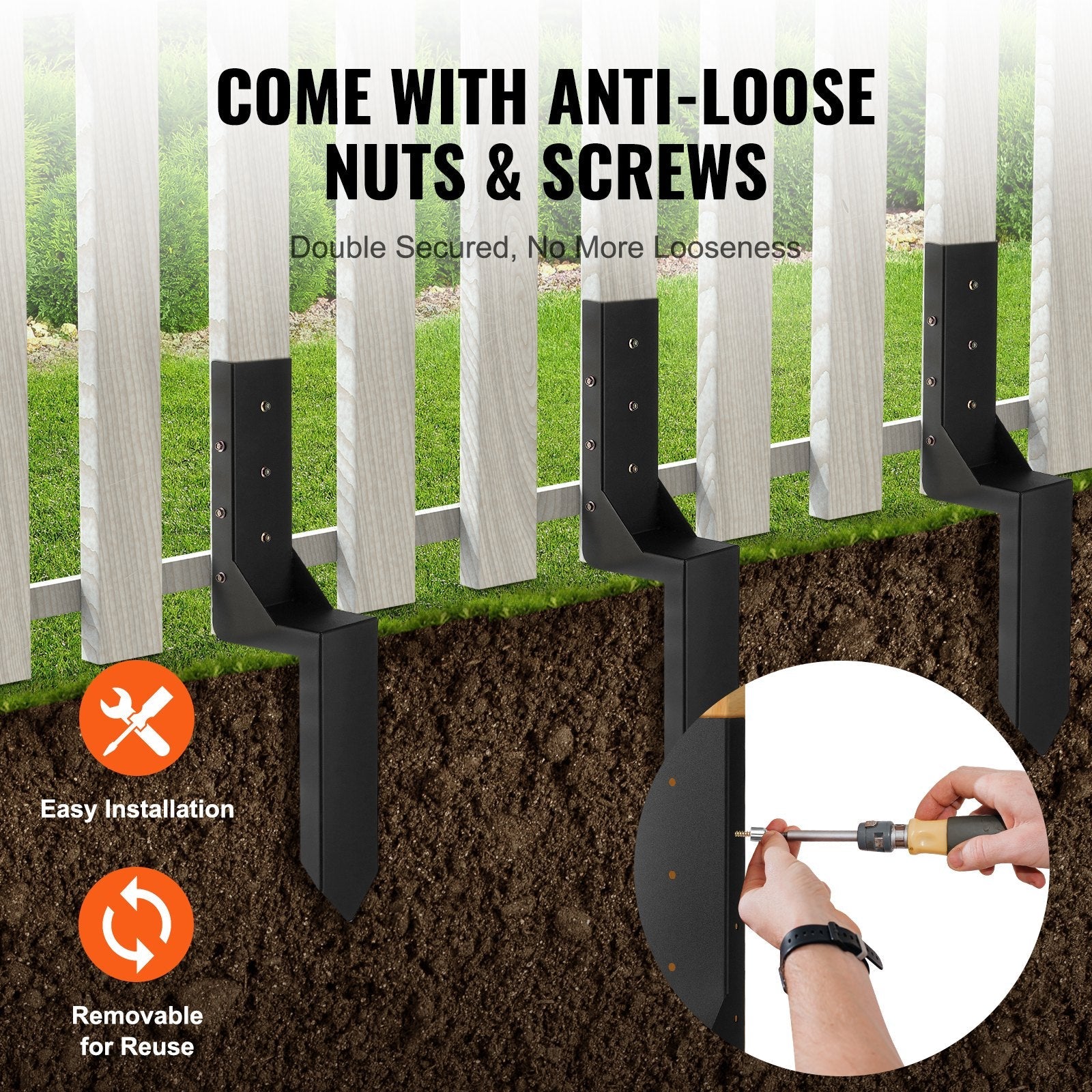 VEVOR Fence Post Anchor Repair Kit, 4 Pack Inner Diameter 3.5 x3.5 Inches Heavy Duty Steel Fence Post Support Stakes, Anchor Ground Spike for Repair Tilted, Broken Wood Fence Post, Enveloping 