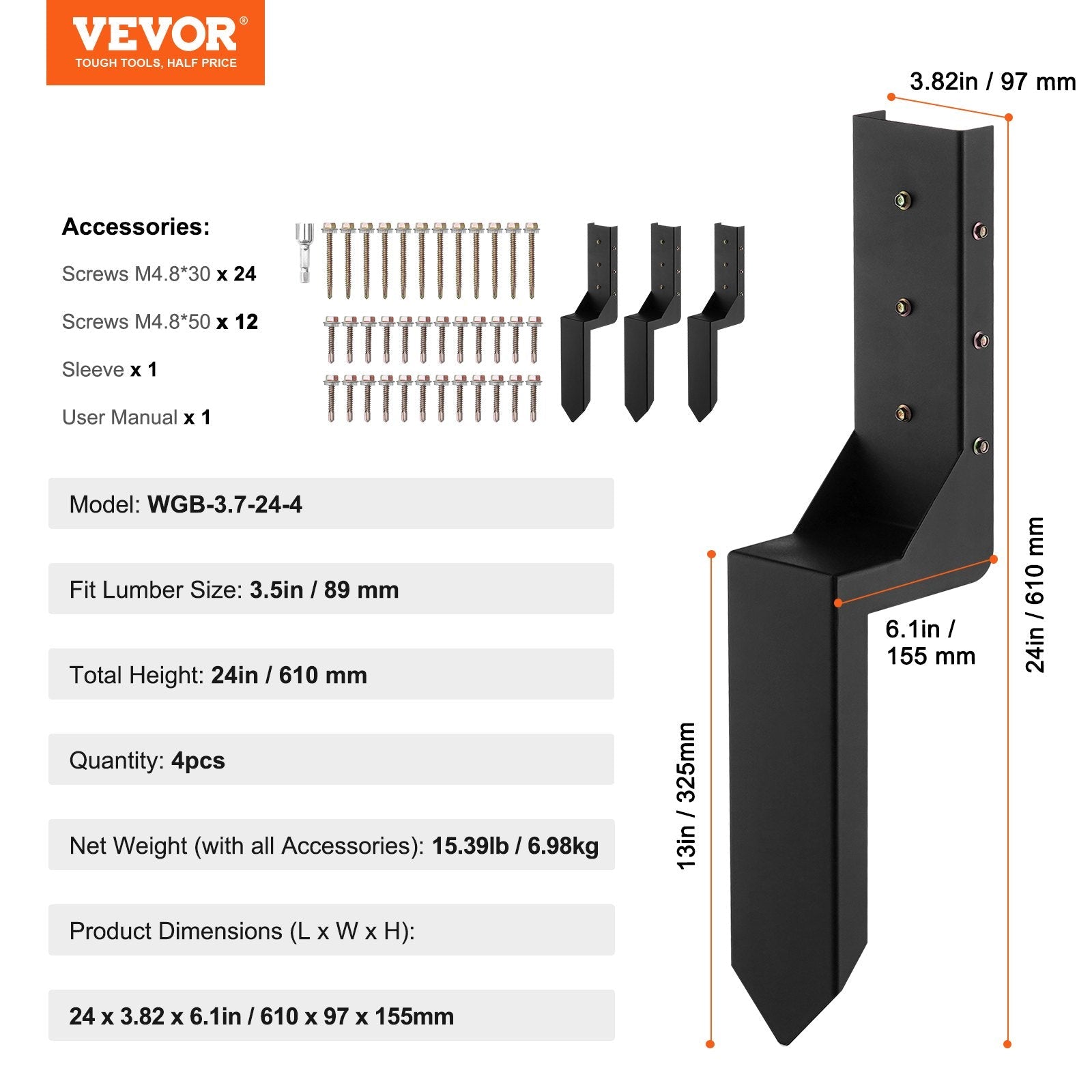 VEVOR Fence Post Anchor Repair Kit, 4 Pack Inner Diameter 3.5 x3.5 Inches Heavy Duty Steel Fence Post Support Stakes, Anchor Ground Spike for Repair Tilted, Broken Wood Fence Post, Enveloping 