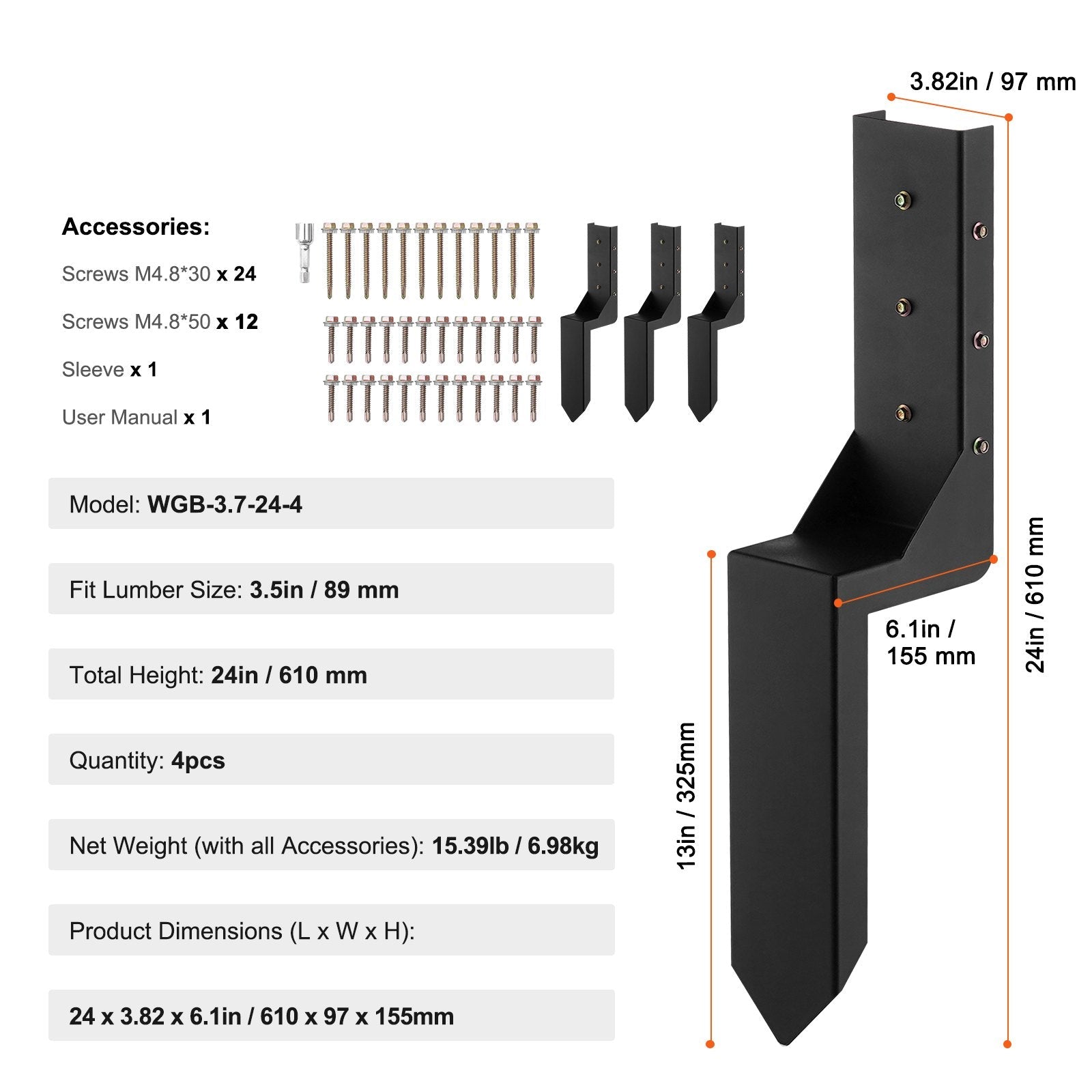 VEVOR Fence Post Anchor Repair Kit, 4 Pack Inner Diameter 3.5 x3.5 Inches Heavy Duty Steel Fence Post Support Stakes, Anchor Ground Spike for Repair Tilted, Broken Wood Fence Post, Enveloping 