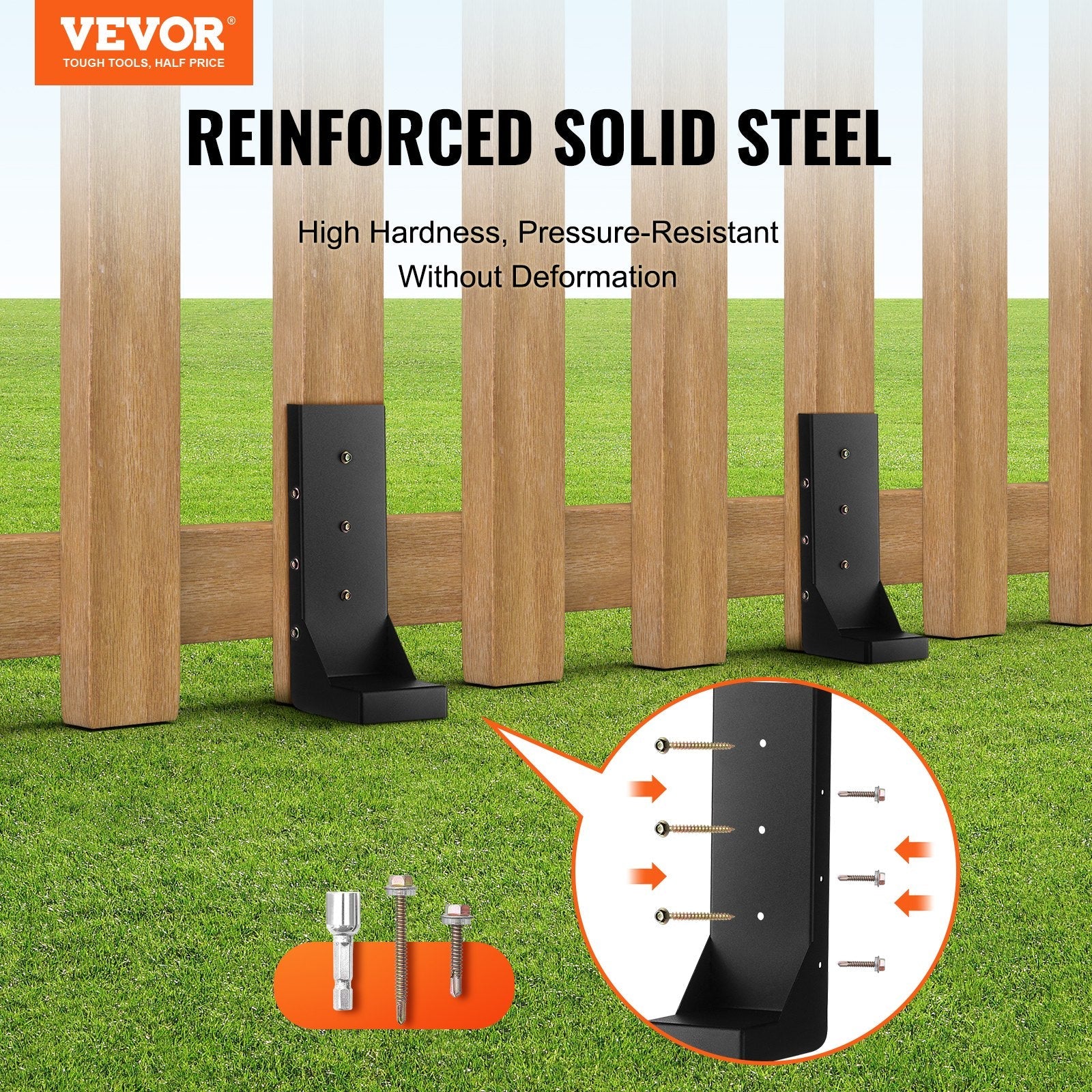 VEVOR Fence Post Anchor Repair Kit, 6 Pack Inner Diameter 3.5 x3.5 Inches Heavy Duty Steel Fence Post Support Stakes, Anchor Ground Spike for Repair Tilted, Broken Wood Fence Post, Enveloping 