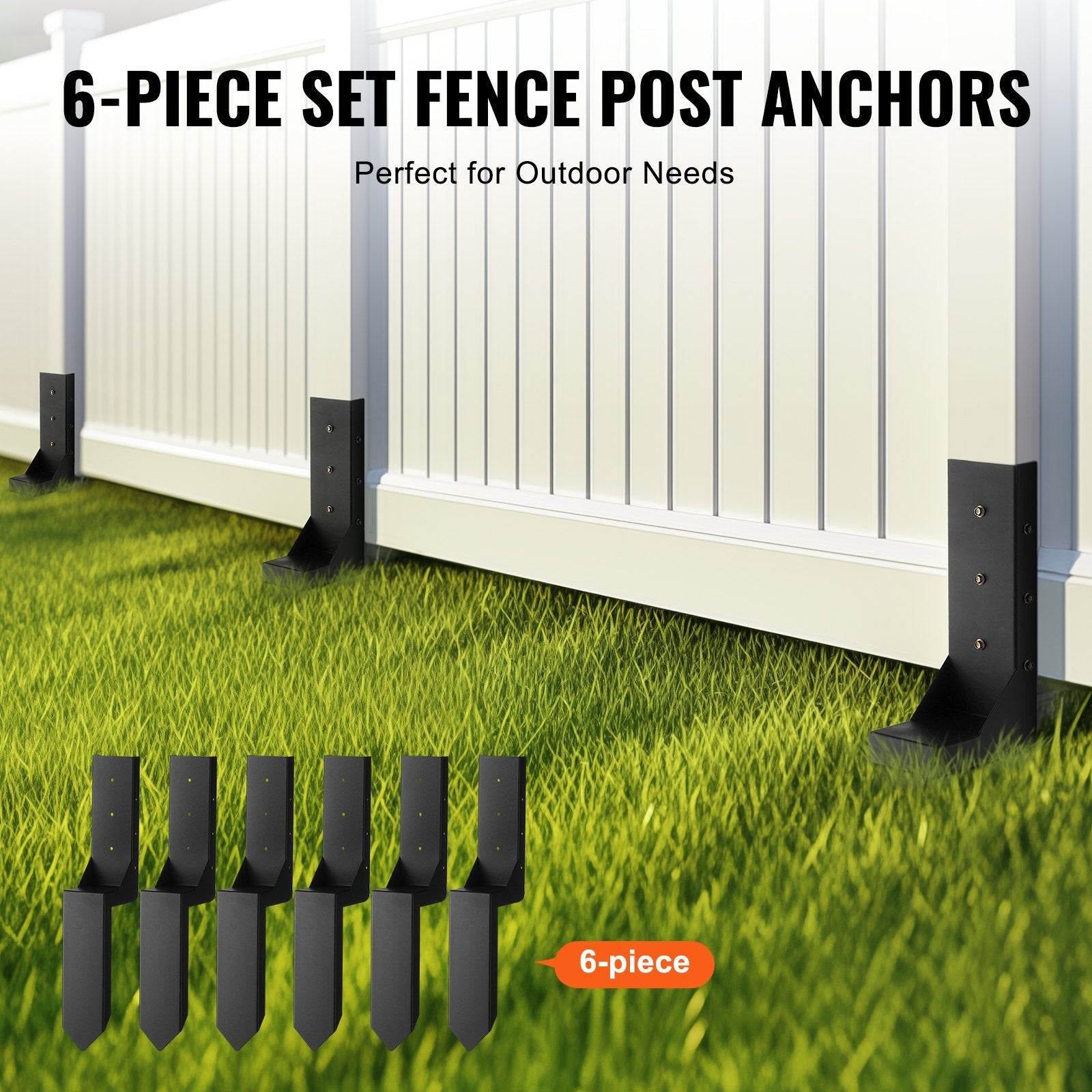 VEVOR Fence Post Anchor Repair Kit, 6 Pack Inner Diameter 3.5 x3.5 Inches Heavy Duty Steel Fence Post Support Stakes, Anchor Ground Spike for Repair Tilted, Broken Wood Fence Post, Enveloping 