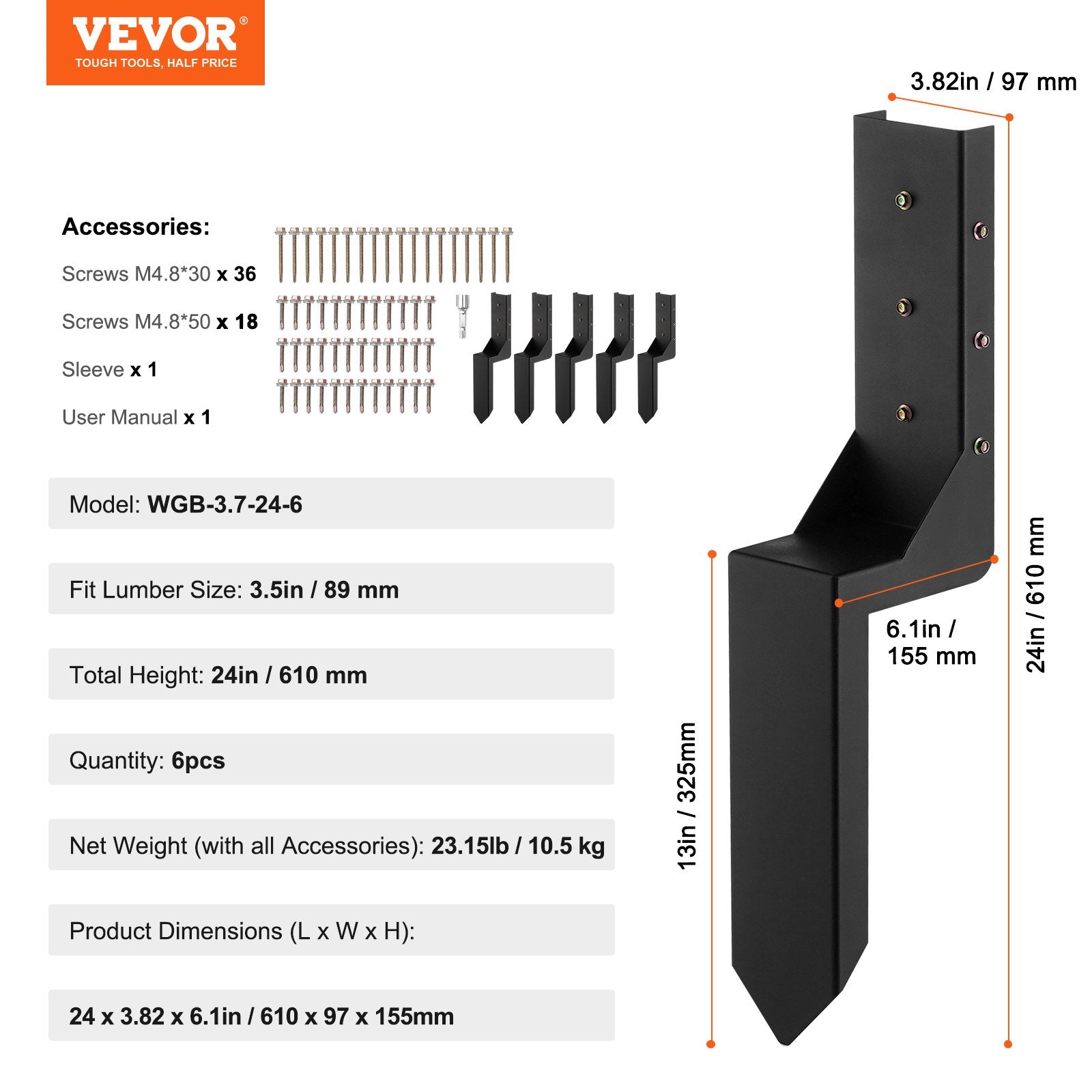 VEVOR Fence Post Anchor Repair Kit, 6 Pack Inner Diameter 3.5 x3.5 Inches Heavy Duty Steel Fence Post Support Stakes, Anchor Ground Spike for Repair Tilted, Broken Wood Fence Post, Enveloping 