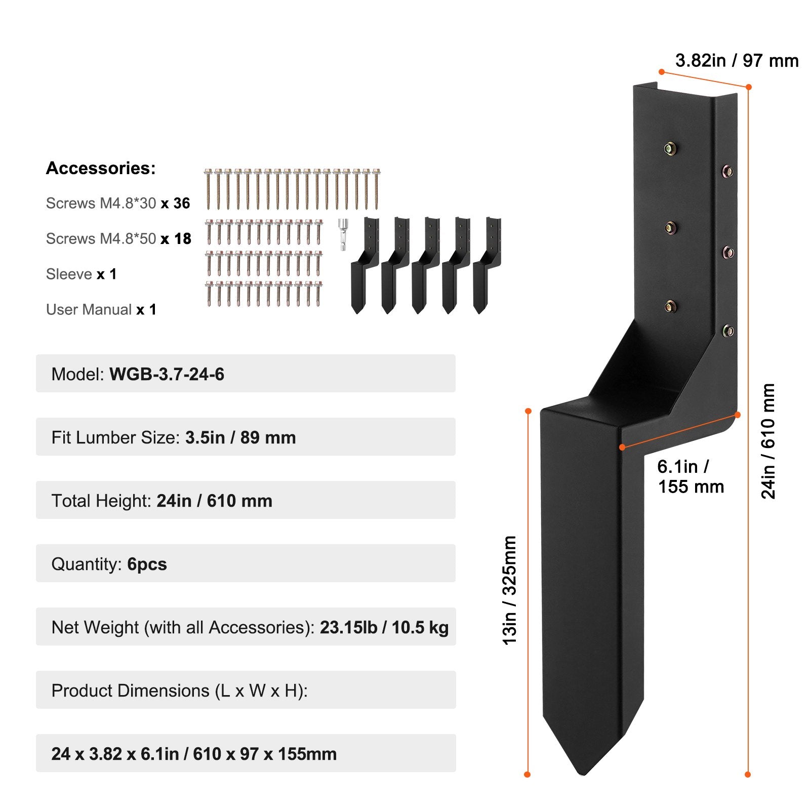 VEVOR Fence Post Anchor Repair Kit, 6 Pack Inner Diameter 3.5 x3.5 Inches Heavy Duty Steel Fence Post Support Stakes, Anchor Ground Spike for Repair Tilted, Broken Wood Fence Post, Enveloping 