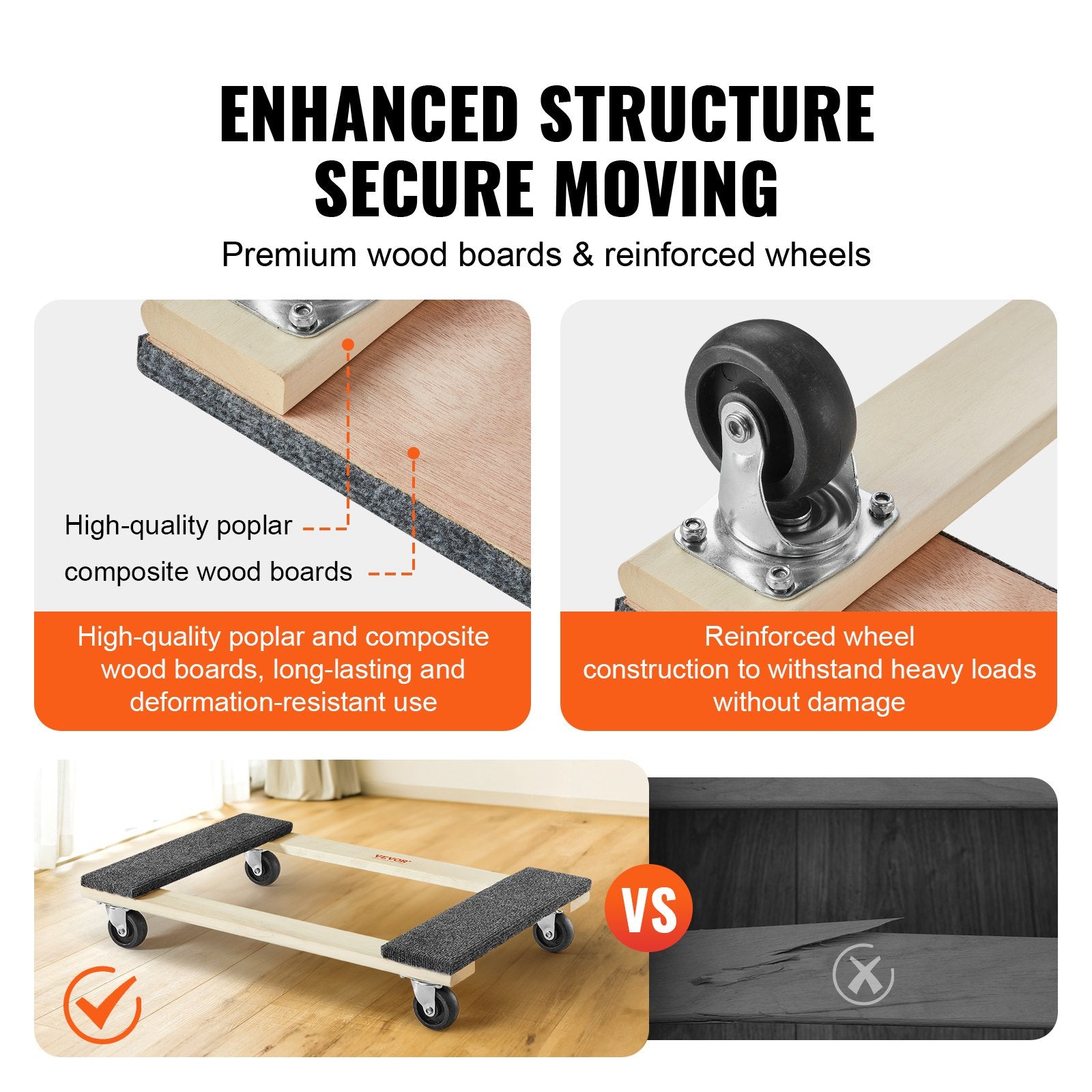 VEVOR Furniture Dolly, 1000 lbs Load Capacity, 18" x 30", 4 x 3" PP Swivel Casters, Heavy Duty Hardwood Furniture Moving Dolly, Mover's Dolly, Moving Cart with Wheels for Heavy Furniture Home Cleaning 