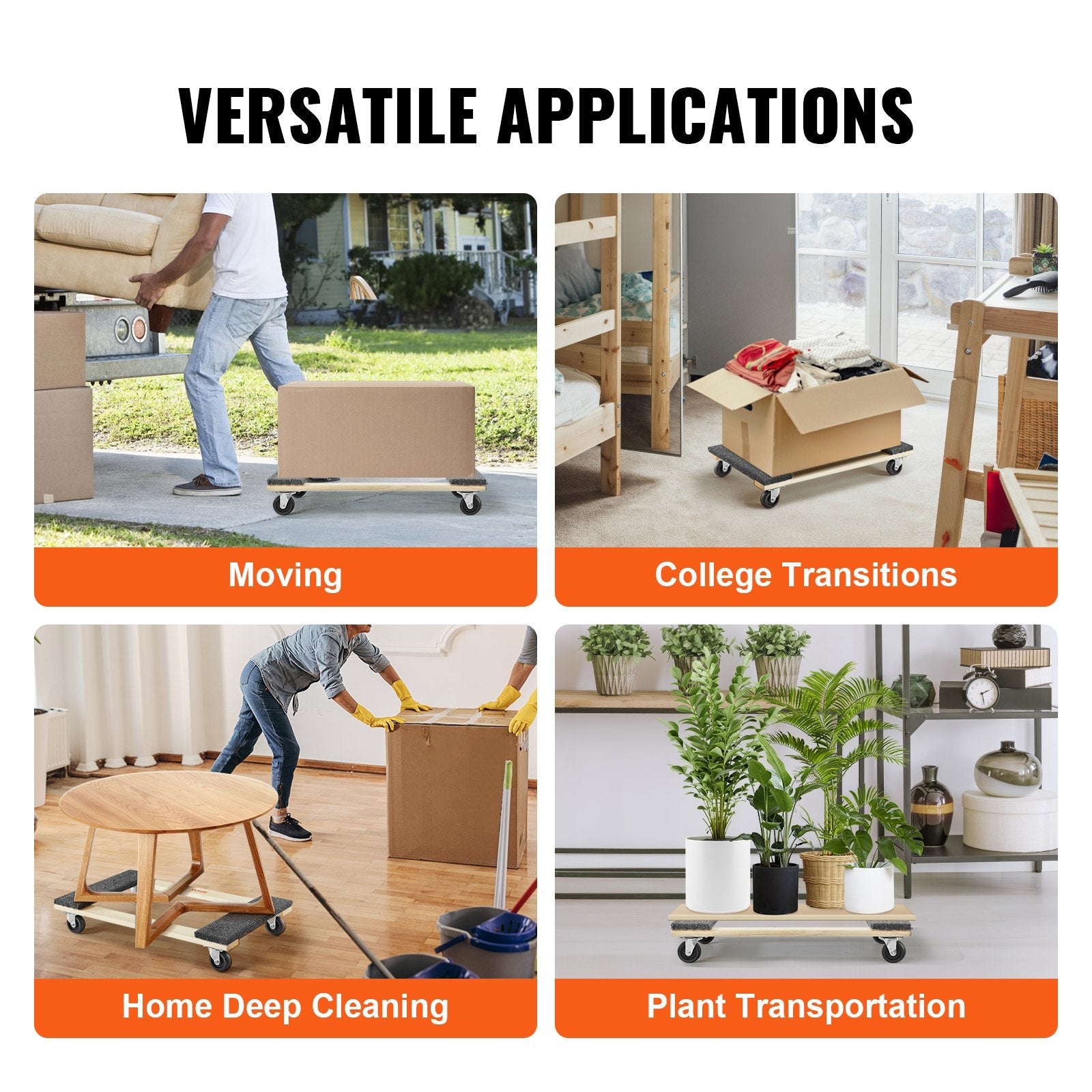 VEVOR Furniture Dolly, 1000 lbs Load Capacity, 18" x 30", 4 x 3" PP Swivel Casters, Heavy Duty Hardwood Furniture Moving Dolly, Mover's Dolly, Moving Cart with Wheels for Heavy Furniture Home Cleaning 