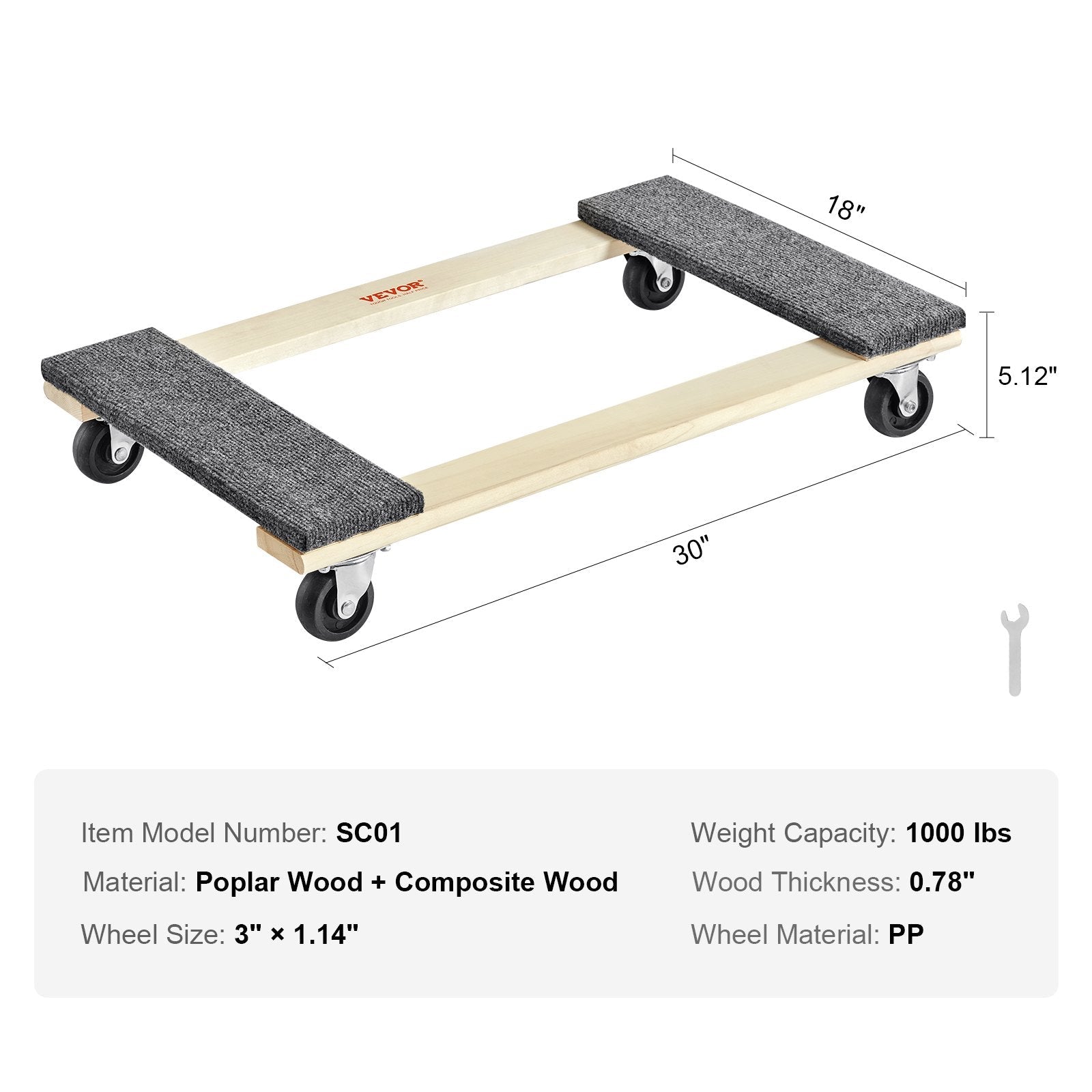 VEVOR Furniture Dolly, 1000 lbs Load Capacity, 18" x 30", 4 x 3" PP Swivel Casters, Heavy Duty Hardwood Furniture Moving Dolly, Mover's Dolly, Moving Cart with Wheels for Heavy Furniture Home Cleaning 