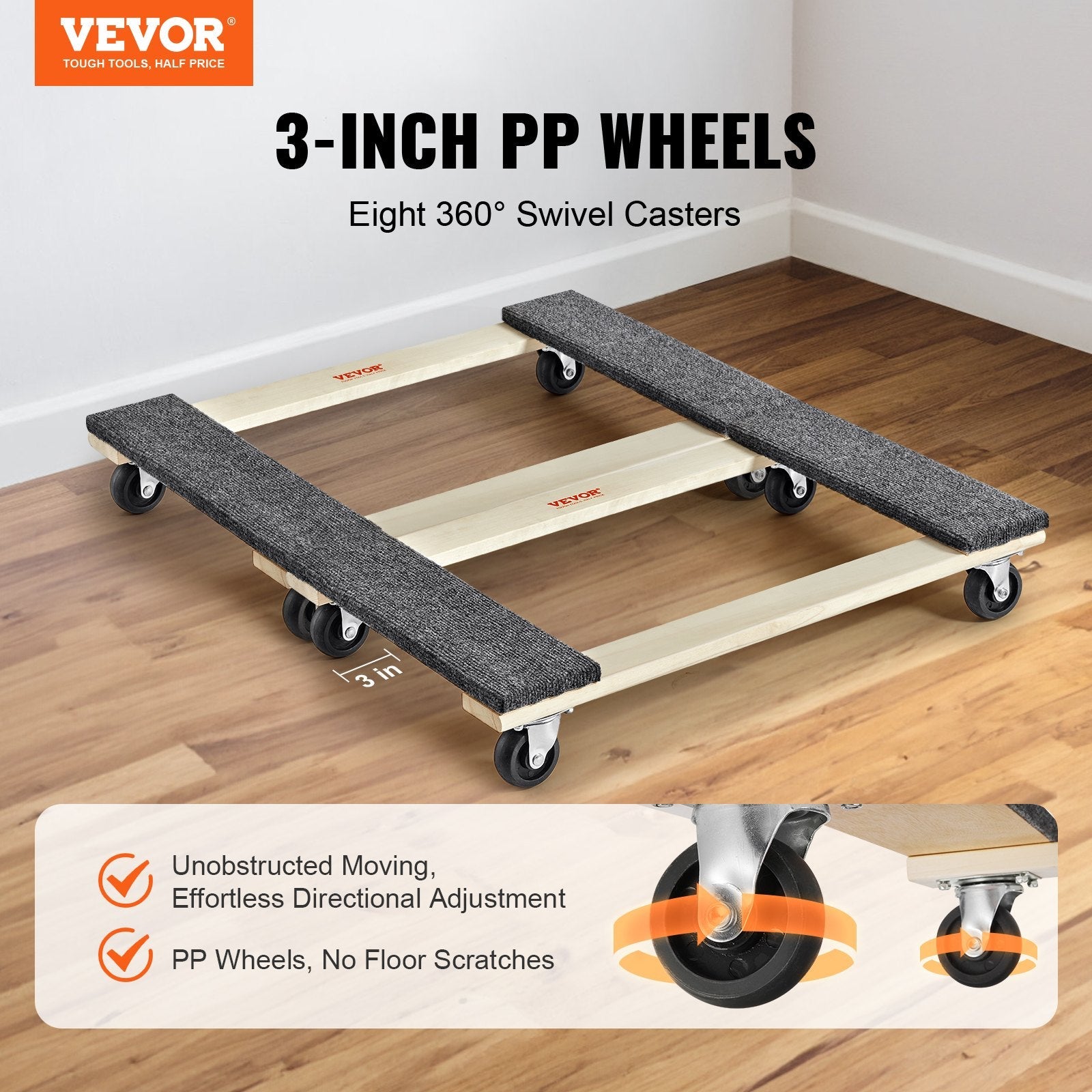 VEVOR Furniture Dolly, 1000 lbs Each Load Capacity, 2 Packs, 18" x 30", 8 x 3" PP Swivel Casters, Heavy Duty Hardwood Furniture Moving Dolly, Mover's Dolly, Moving Cart with Wheels for Heavy Furniture 