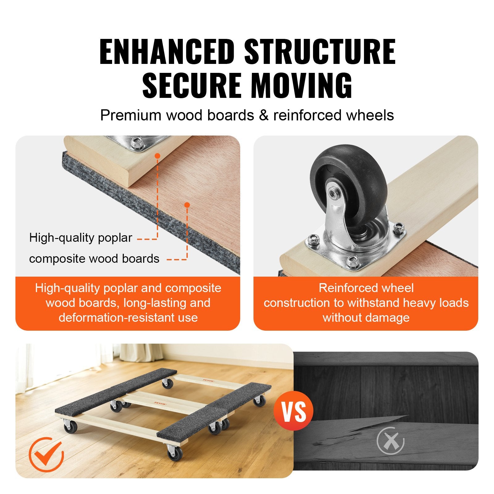 VEVOR Furniture Dolly, 1000 lbs Each Load Capacity, 2 Packs, 18" x 30", 8 x 3" PP Swivel Casters, Heavy Duty Hardwood Furniture Moving Dolly, Mover's Dolly, Moving Cart with Wheels for Heavy Furniture 