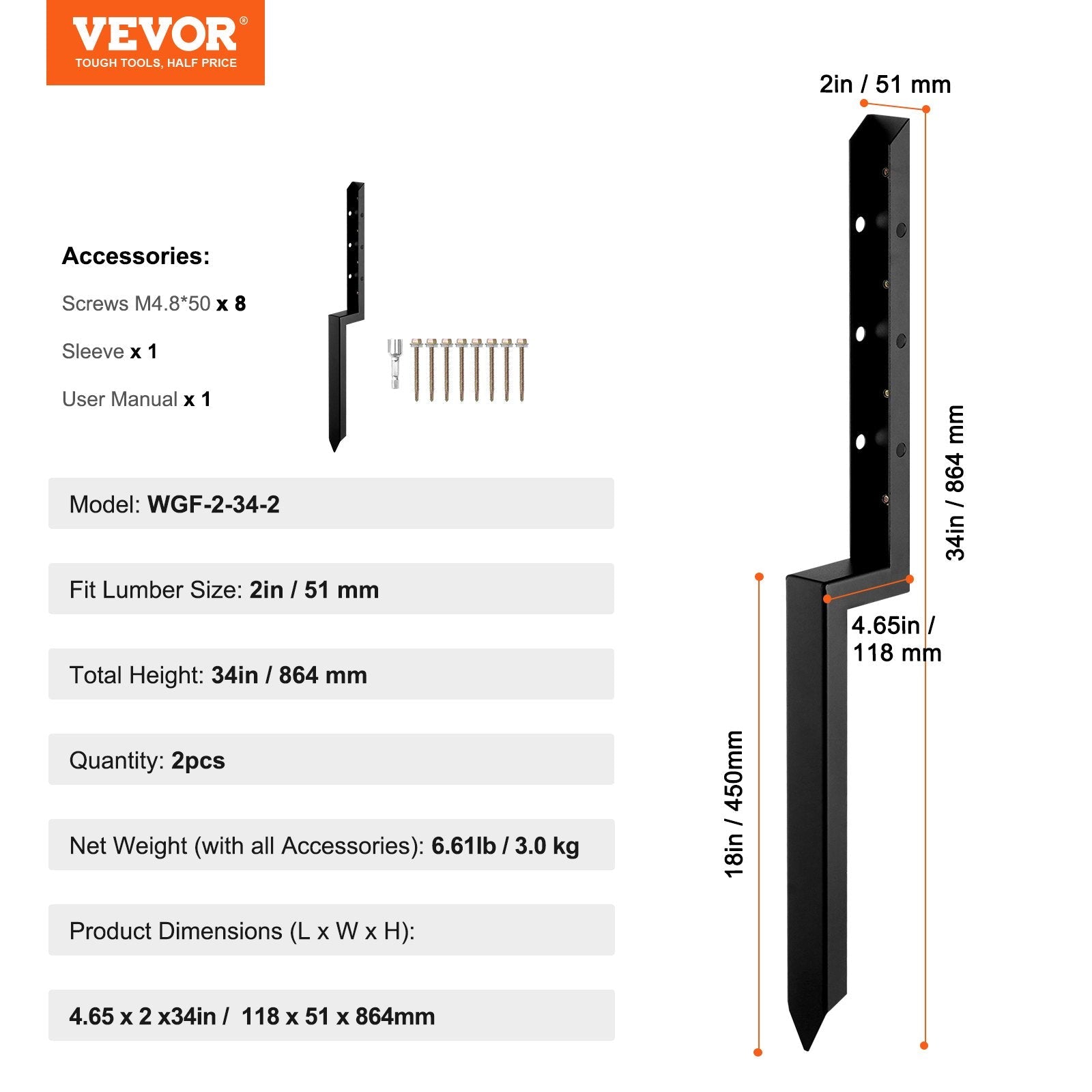 VEVOR Fence Post Anchor Repair Kit, 2 Pack Inner Diameter 2 x2 Inches Heavy Duty Steel Fence Post Support Stakes, Anchor Ground Spike for Repair Tilted, Broken Wood Fence Post 