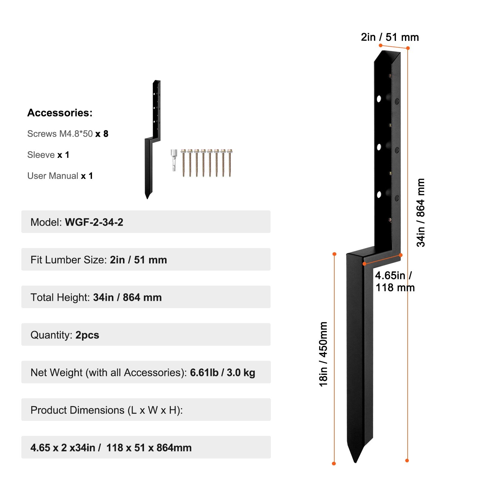 VEVOR Fence Post Anchor Repair Kit, 2 Pack Inner Diameter 2 x2 Inches Heavy Duty Steel Fence Post Support Stakes, Anchor Ground Spike for Repair Tilted, Broken Wood Fence Post 