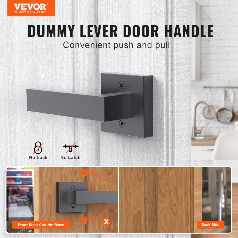 VEVOR Dummy Door Lever, 2 PCS Non-Turning Single Side Push/Pull Handle, Contemporary Square Door Lever Set, Reversible for Right and Left Sided Doors,For Pantry, Closet, and French Doors, Matte Black 