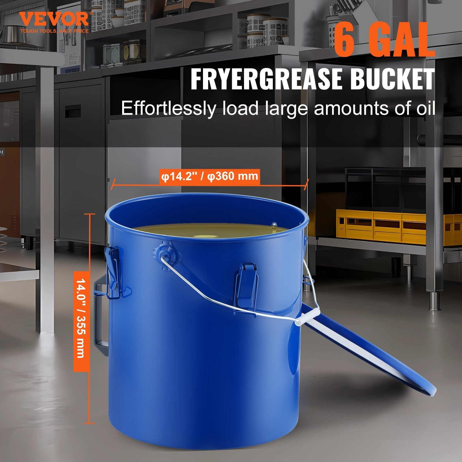 VEVOR Fryer Grease Bucket, 6 Gal Oil Disposal Caddy Carbon Steel Fryer Oil Bucket with Rust-Proof Coating, Oil Transport Container with Lid, Lock Clips, Filter Bag for Hot Cooking Oil Filtering, Blue 