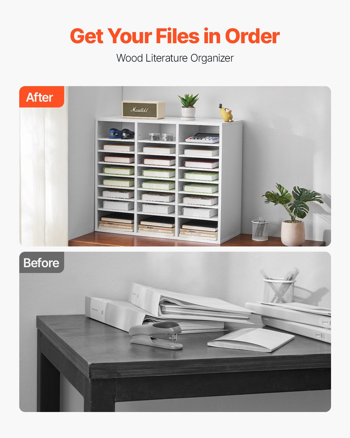 VEVOR Wooden Literature Organizer 24 Compartments with Adjustable Shelves White 