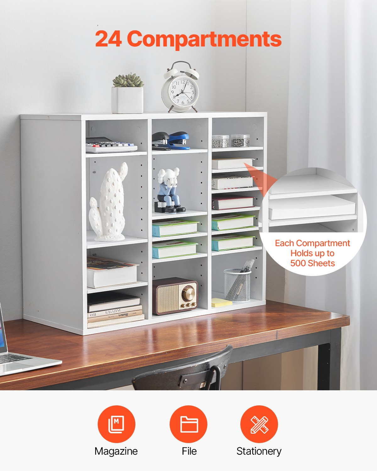 VEVOR Wooden Literature Organizer 24 Compartments with Adjustable Shelves White 