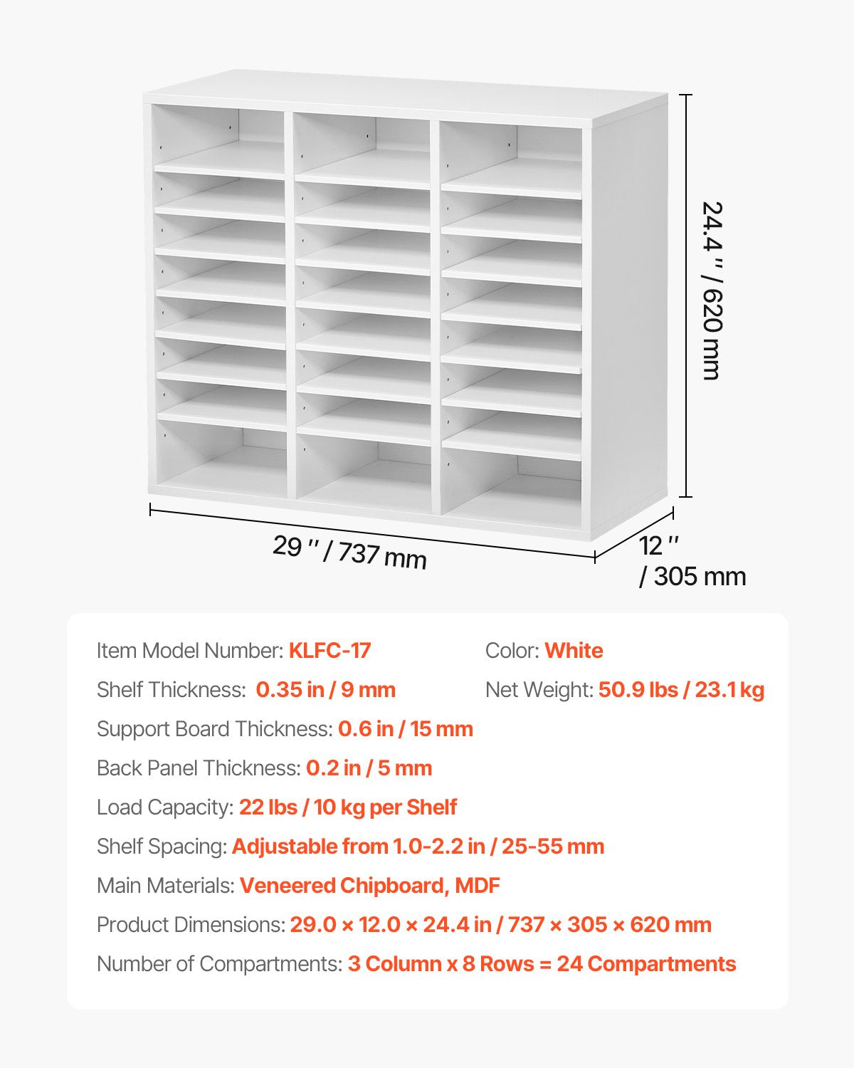VEVOR Wooden Literature Organizer 24 Compartments with Adjustable Shelves White 