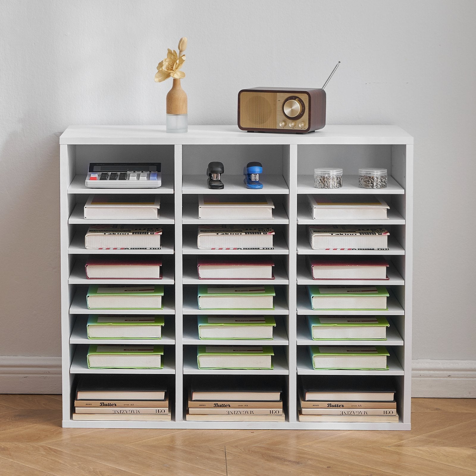 VEVOR Wooden Literature Organizer 24 Compartments with Adjustable Shelves White 