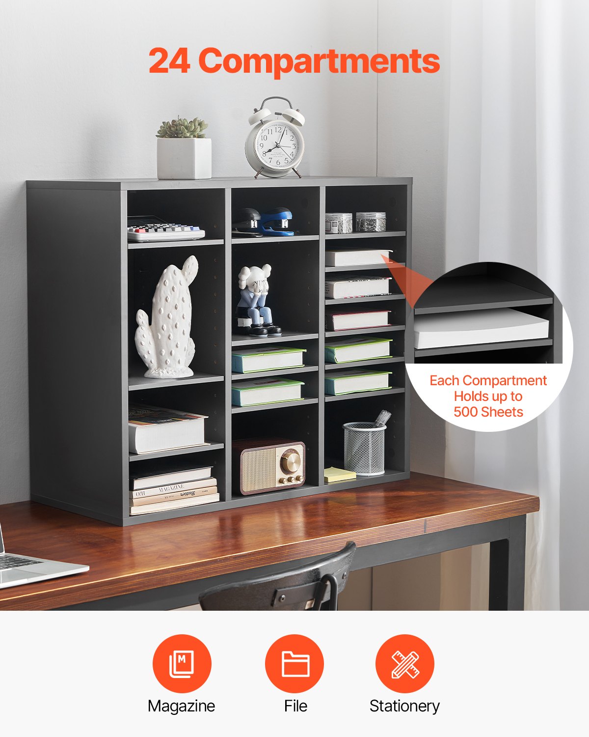 VEVOR Wooden Literature Organizer 24 Compartments with Adjustable Shelves Grey 