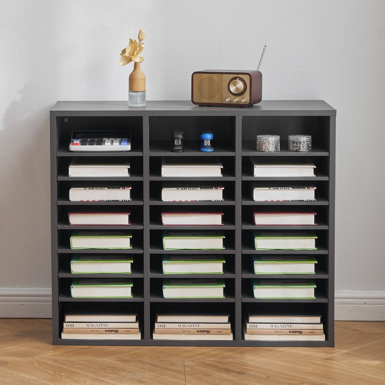 VEVOR Wooden Literature Organizer 24 Compartments with Adjustable Shelves Grey 