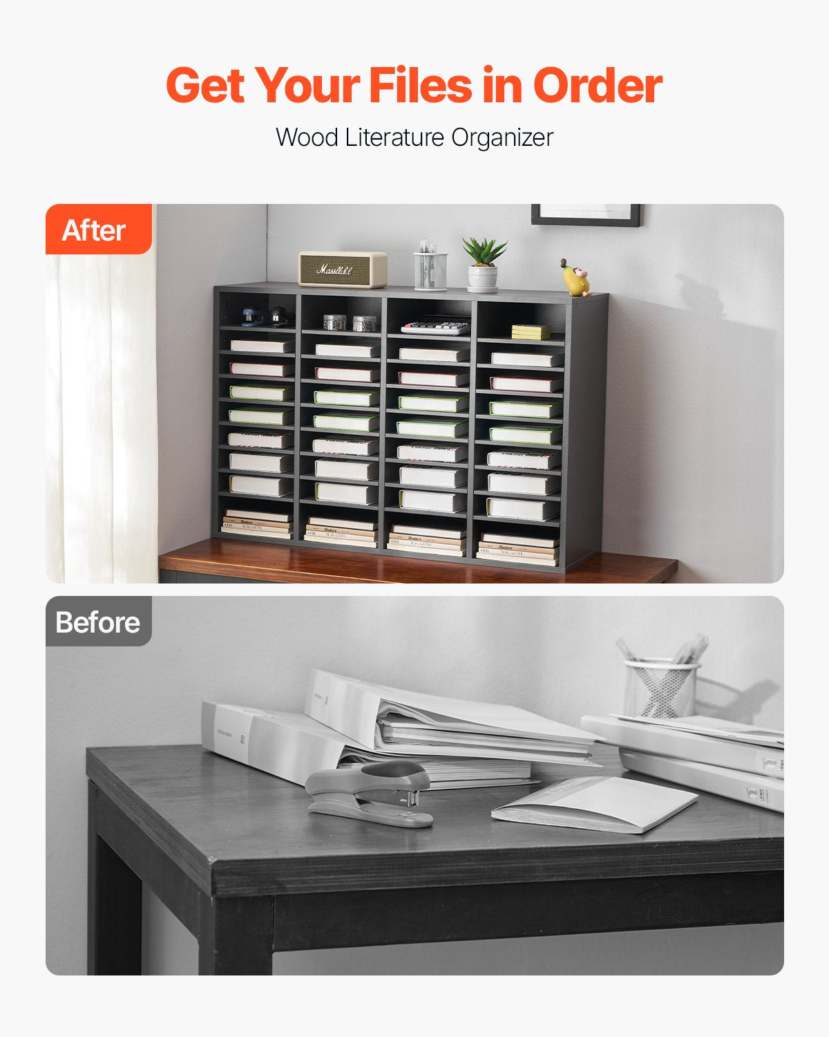 VEVOR Wooden Literature Organizer 36 Compartments with Adjustable Shelves Grey 