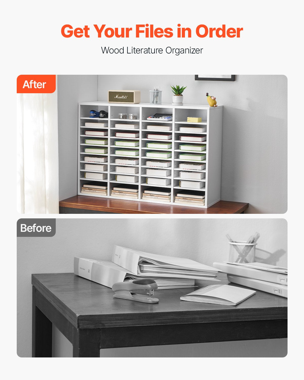 VEVOR Wooden Literature Organizer 36 Compartments with Adjustable Shelves White 