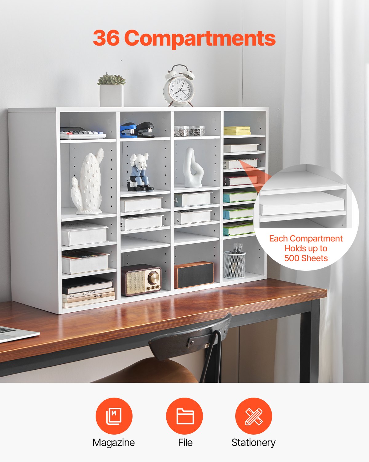 VEVOR Wooden Literature Organizer 36 Compartments with Adjustable Shelves White 