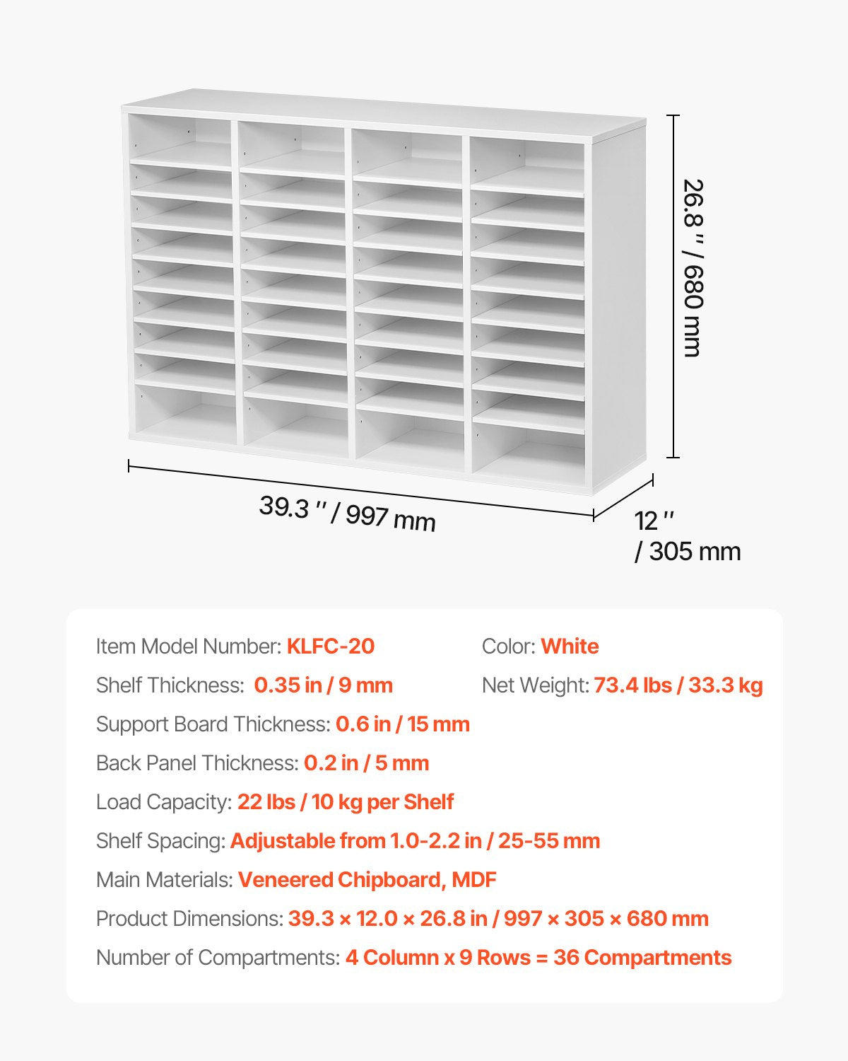 VEVOR Wooden Literature Organizer 36 Compartments with Adjustable Shelves White 