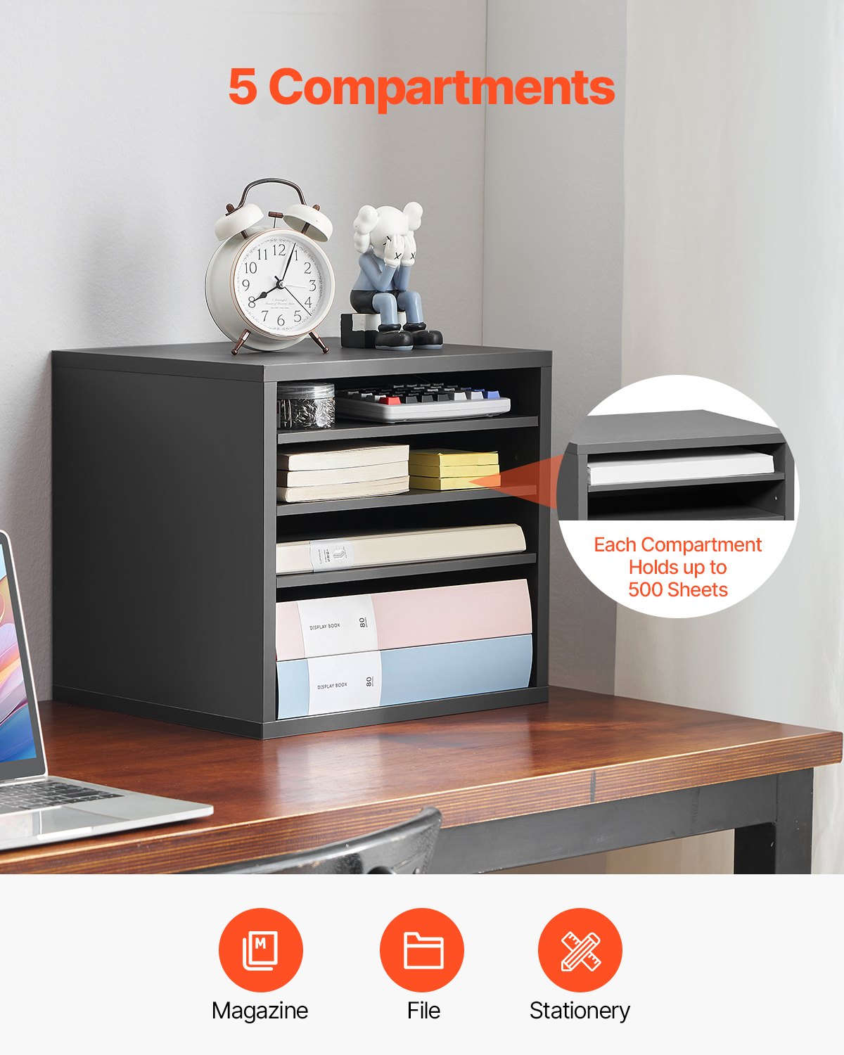 VEVOR Wooden Literature Organizer 5 Compartments with Adjustable Shelves Grey 