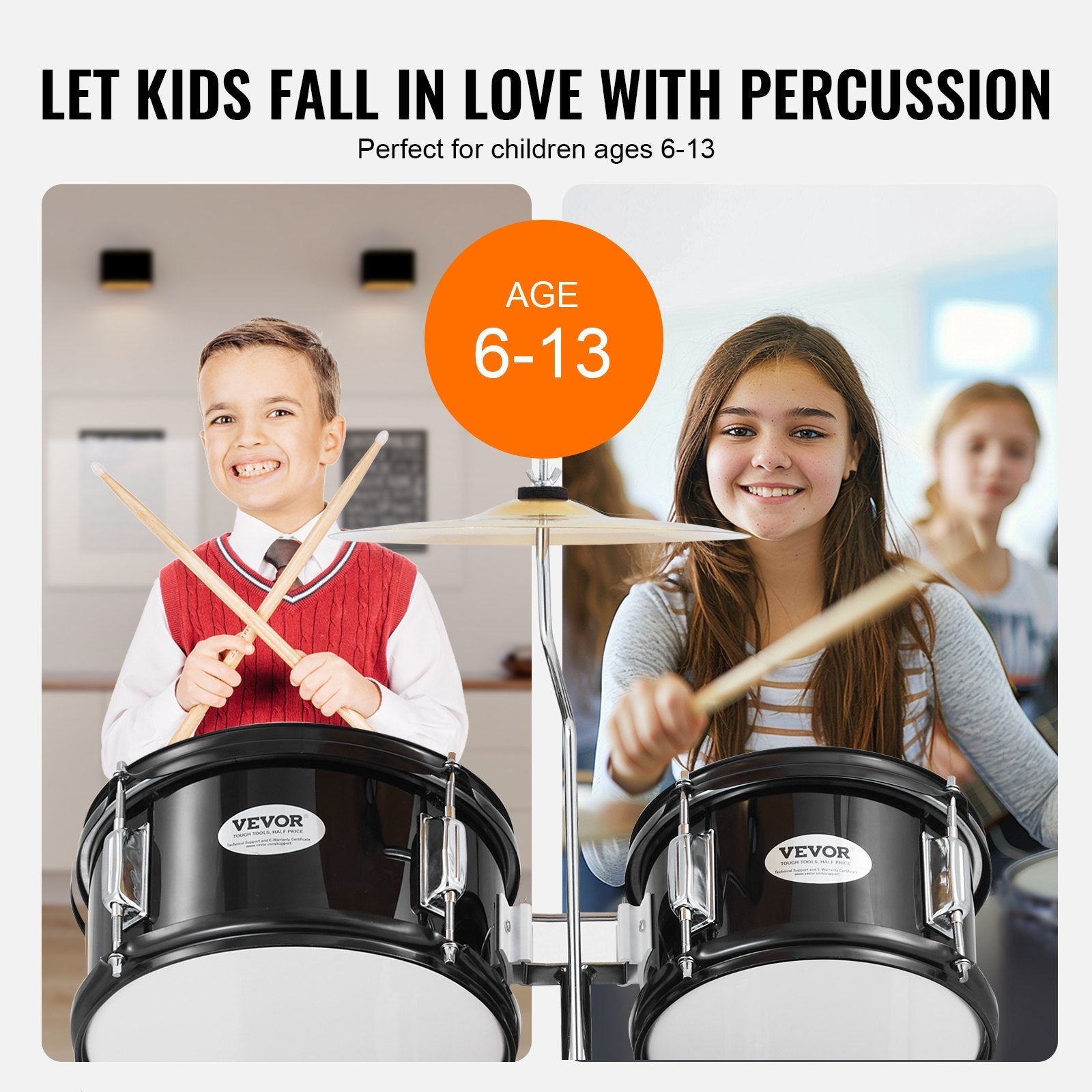 VEVOR Kids Drum Set, 5-Piece, 16 in Beginner Full Drum Set with Bass Toms Snare Floor Drum Adjustable Throne Cymbal Hi-Hat Pedal and Two Pairs of Drumsticks, Starter Drum Kit for Child Kids, Black 