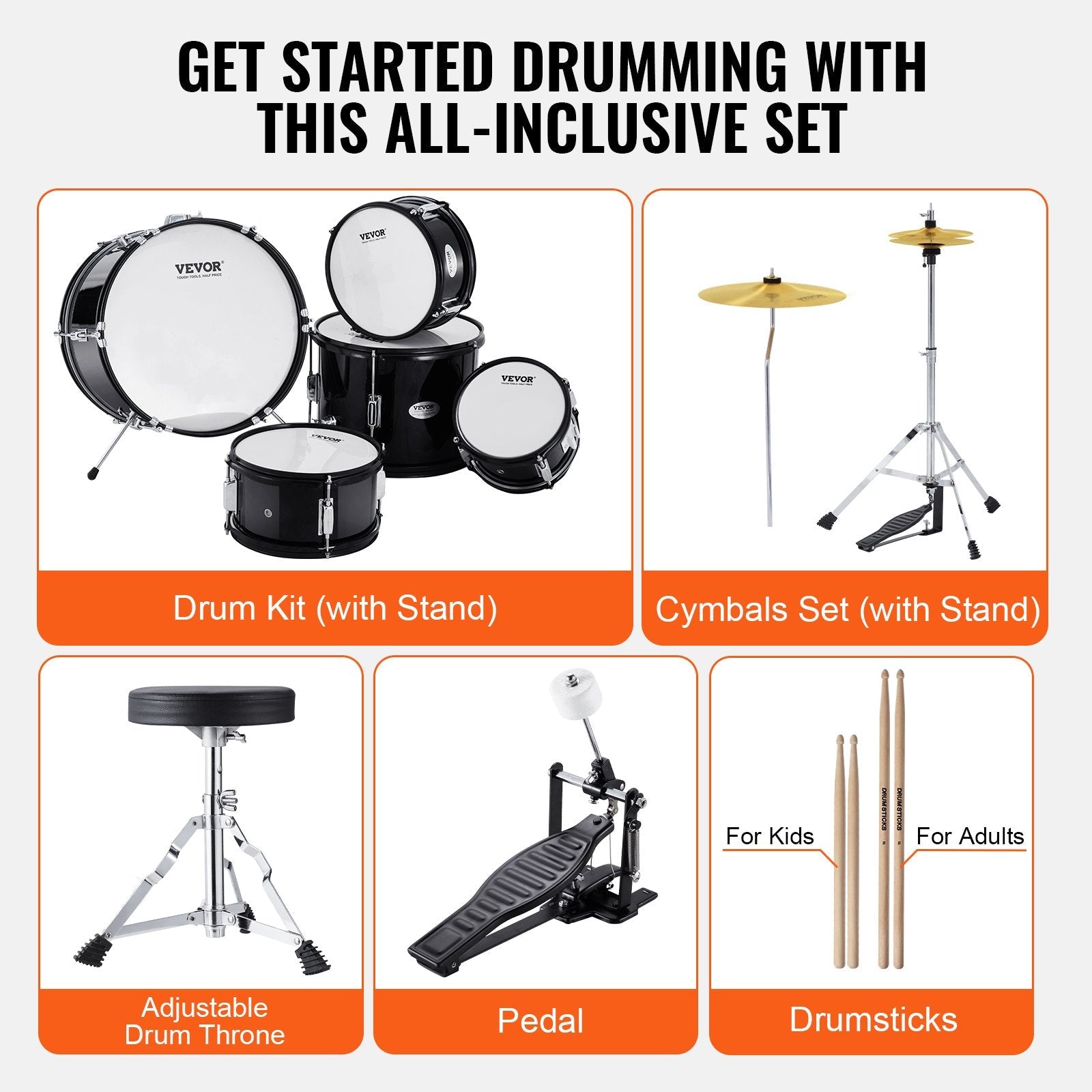 VEVOR Kids Drum Set, 5-Piece, 16 in Beginner Full Drum Set with Bass Toms Snare Floor Drum Adjustable Throne Cymbal Hi-Hat Pedal and Two Pairs of Drumsticks, Starter Drum Kit for Child Kids, Black 
