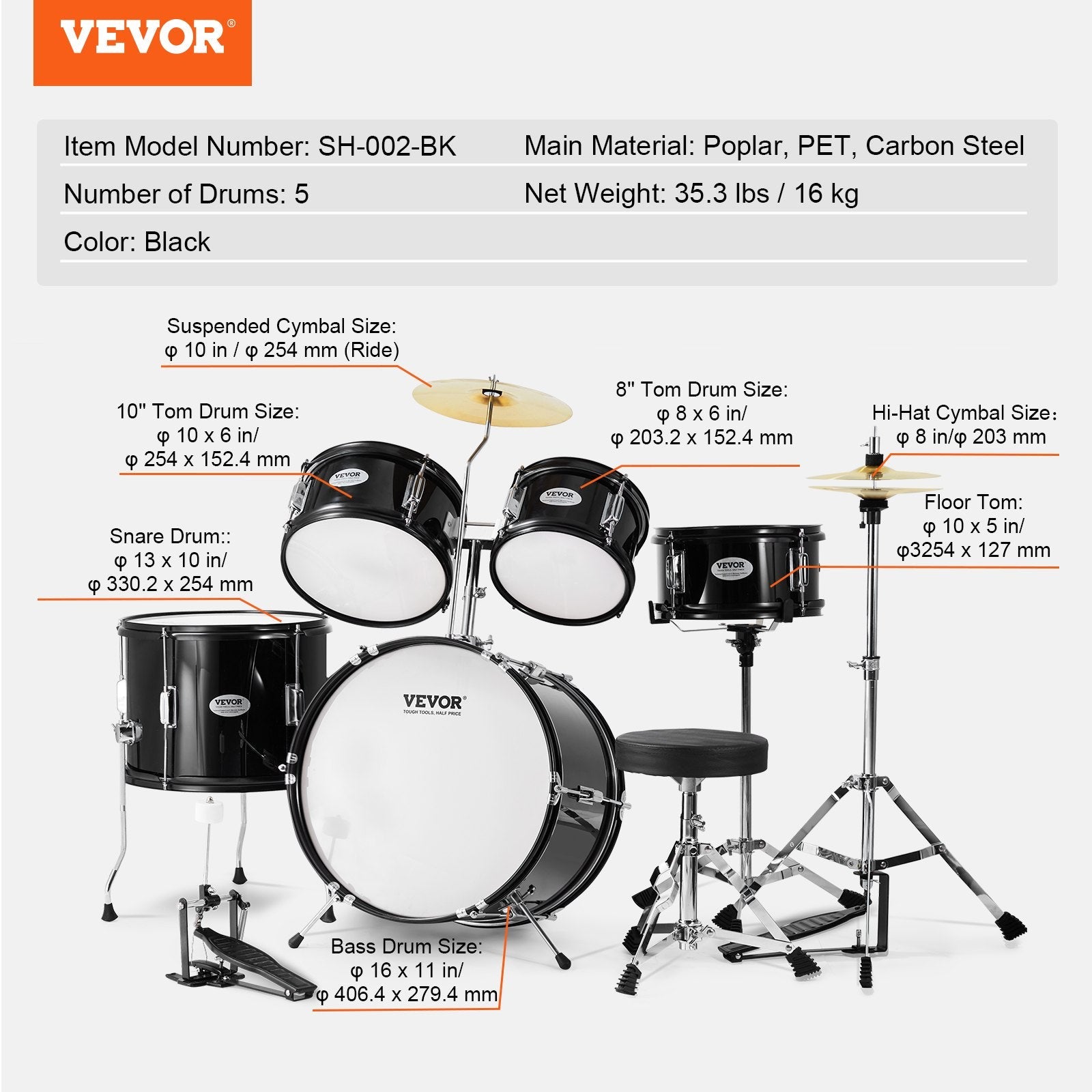 VEVOR Kids Drum Set, 5-Piece, 16 in Beginner Full Drum Set with Bass Toms Snare Floor Drum Adjustable Throne Cymbal Hi-Hat Pedal and Two Pairs of Drumsticks, Starter Drum Kit for Child Kids, Black 
