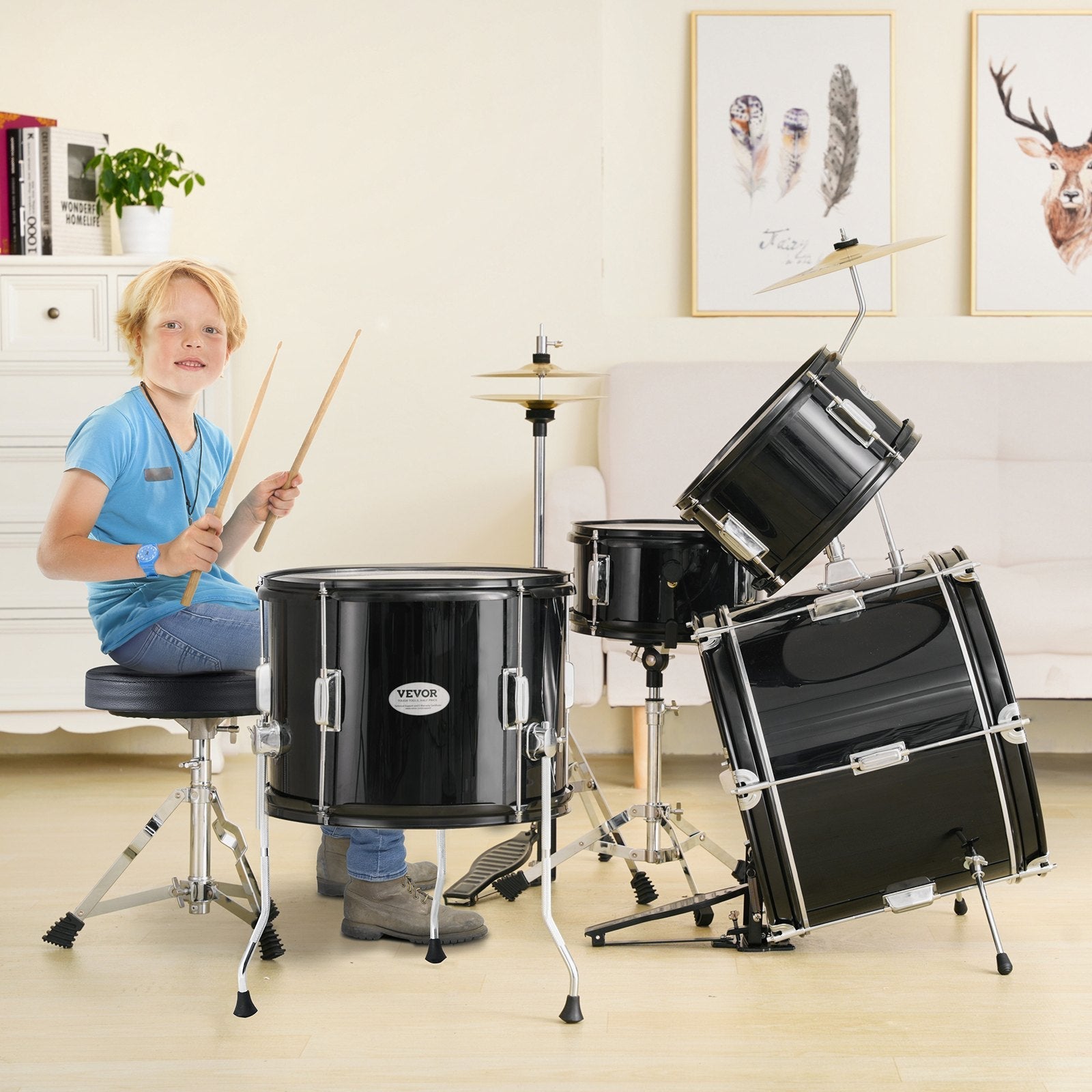 VEVOR Kids Drum Set, 5-Piece, 16 in Beginner Full Drum Set with Bass Toms Snare Floor Drum Adjustable Throne Cymbal Hi-Hat Pedal and Two Pairs of Drumsticks, Starter Drum Kit for Child Kids, Black 