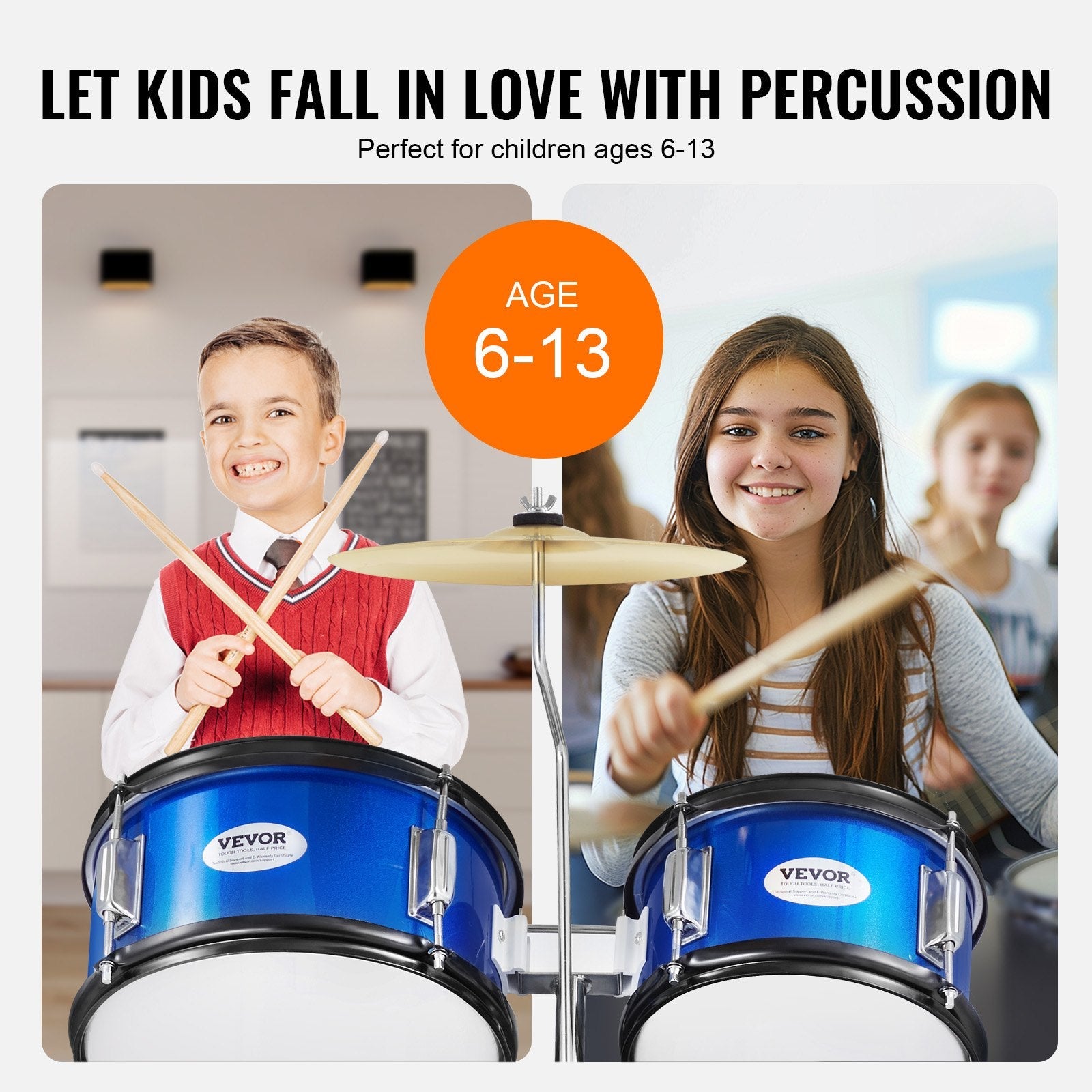 VEVOR Kids Drum Set, 5-Piece, 16 in Beginner Full Drum Set with Bass Toms Snare Floor Drum Adjustable Throne Cymbal Hi-Hat Pedal and Two Pairs of Drumsticks, Starter Drum Kit for Child Kids, Blue 